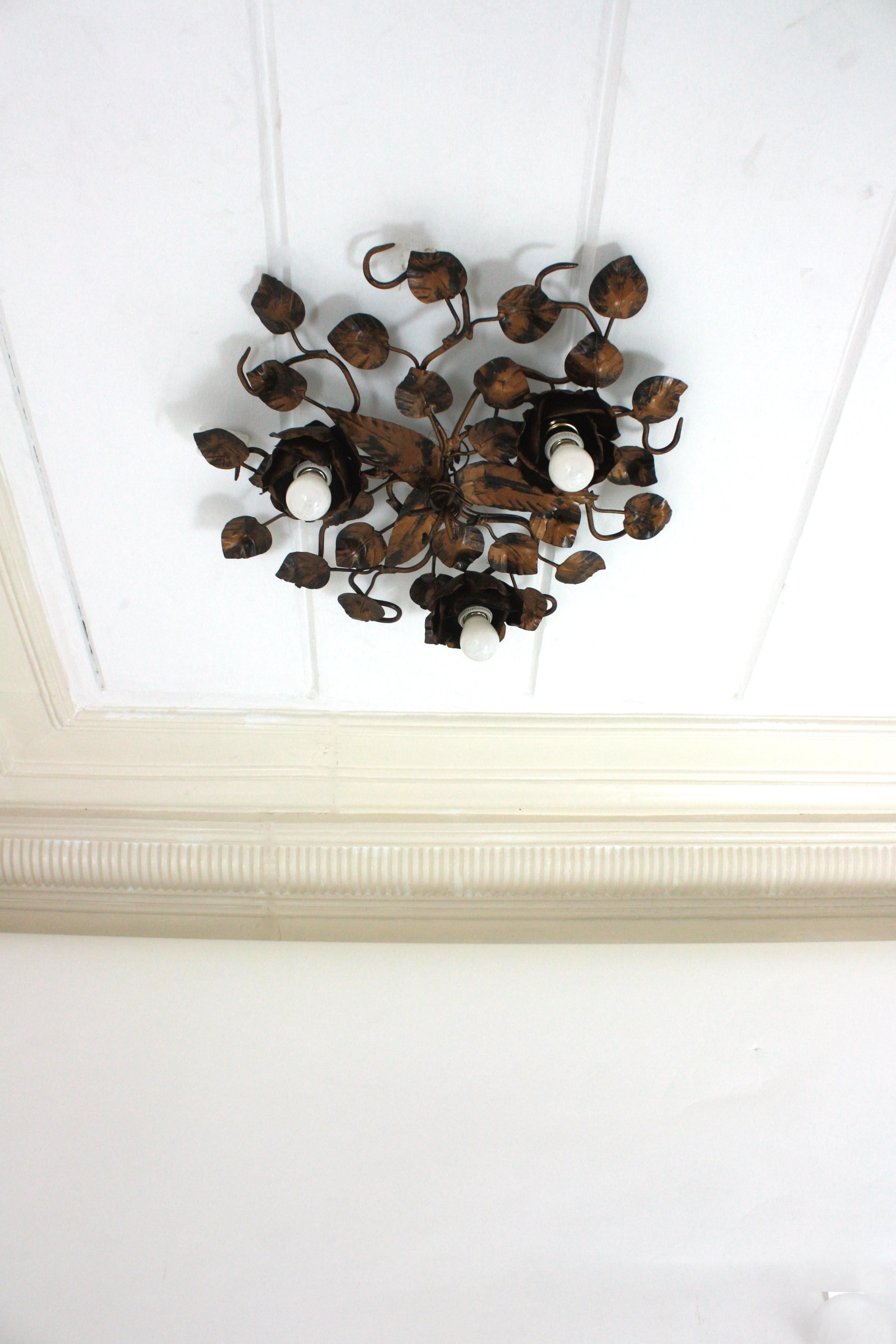 Hammered Foliage Floral Flush Mount Ceiling Light Fixture in Bronze Gilt Patinated Iron For Sale