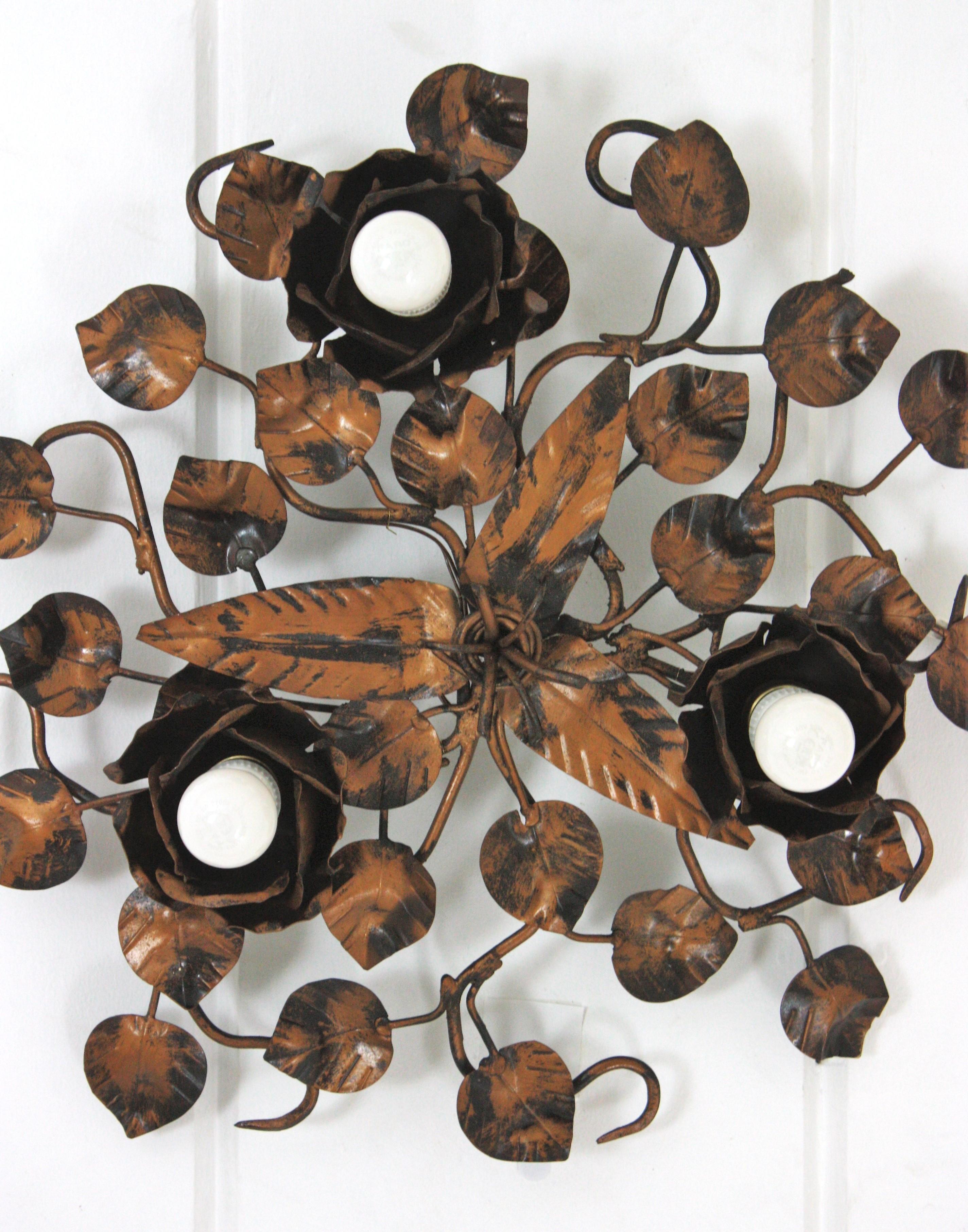 20th Century Foliage Floral Flush Mount Ceiling Light Fixture in Bronze Gilt Patinated Iron For Sale