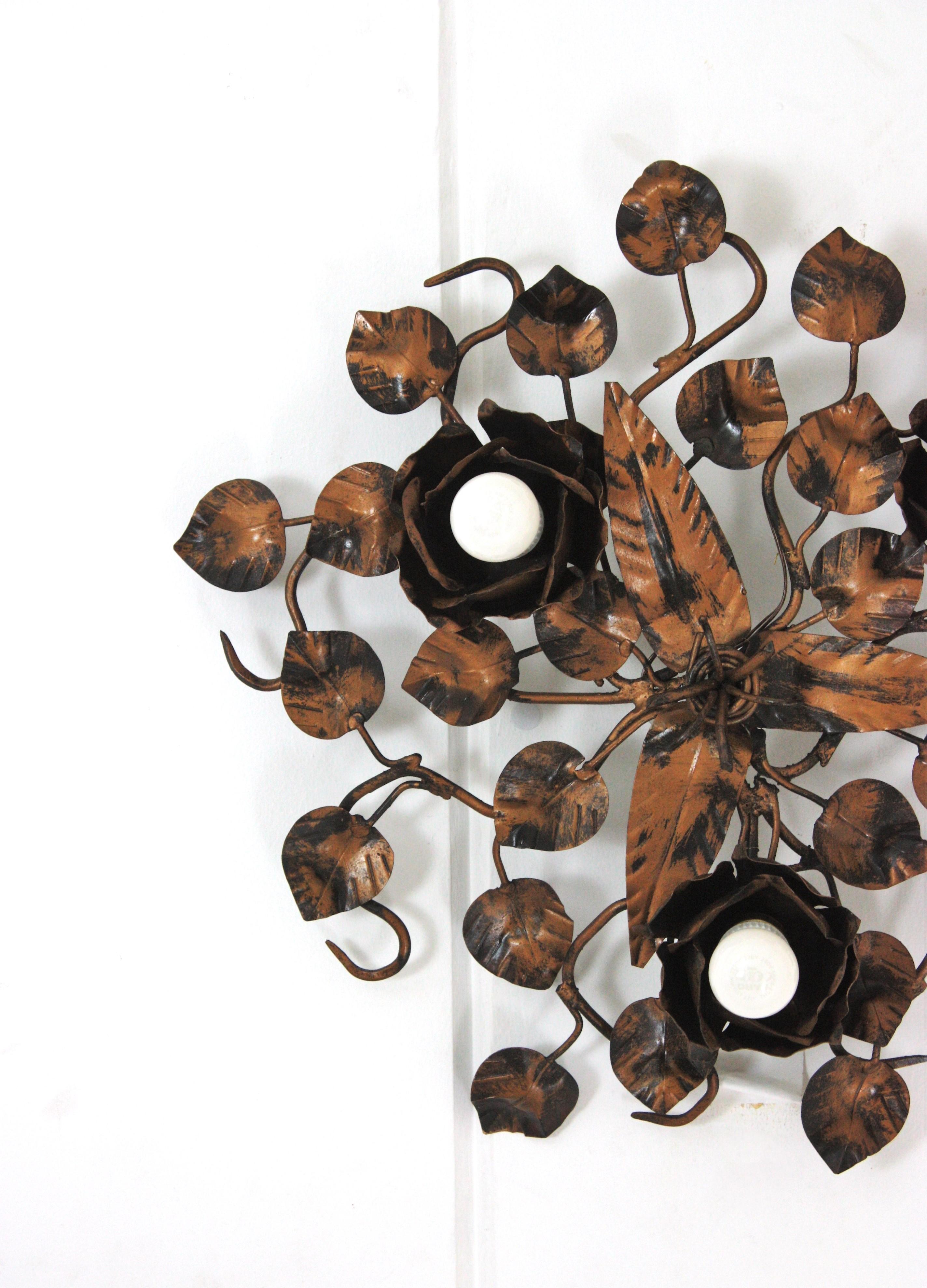 Metal Foliage Floral Flush Mount Ceiling Light Fixture in Bronze Gilt Patinated Iron For Sale