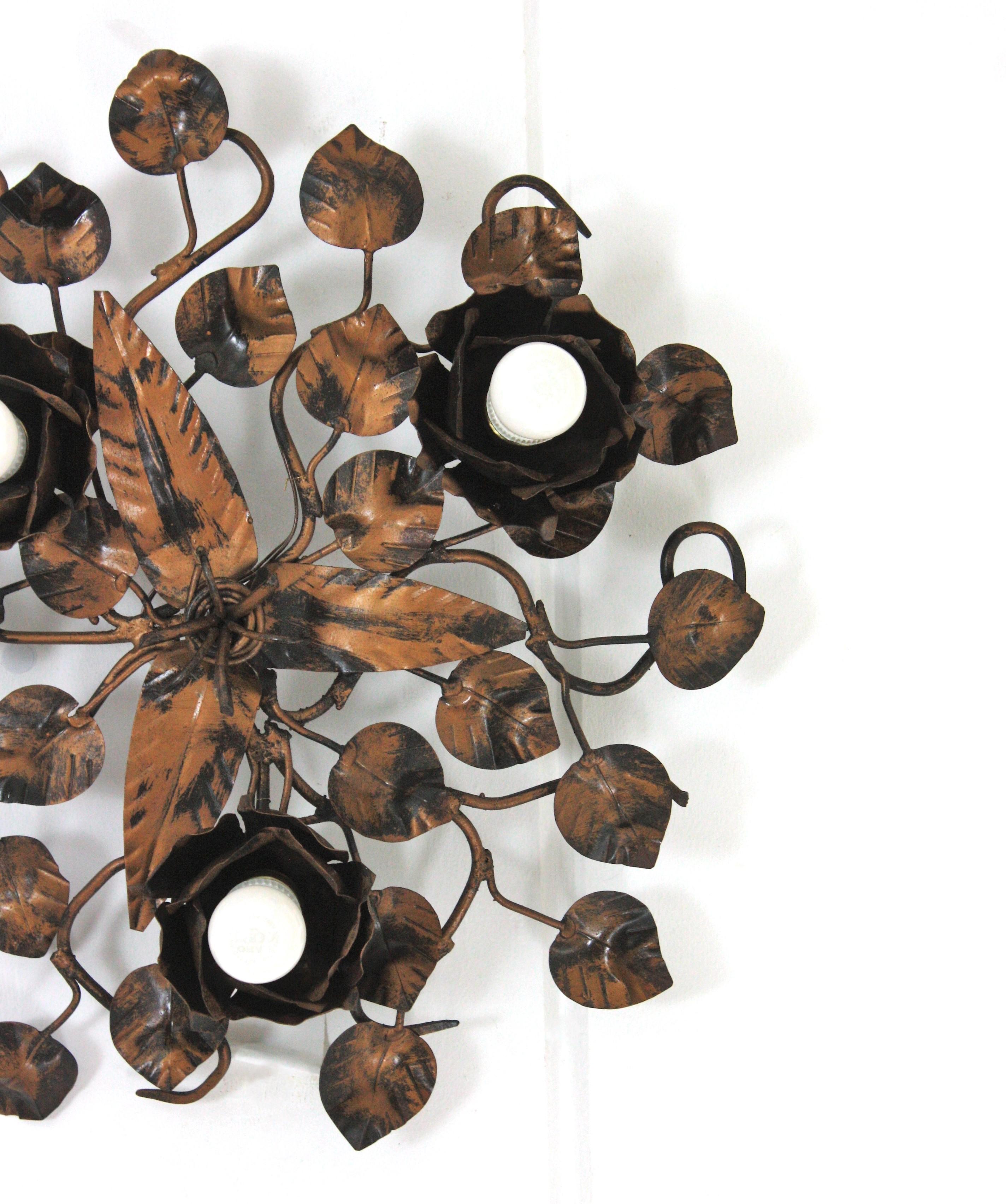 Foliage Floral Flush Mount Ceiling Light Fixture in Bronze Gilt Patinated Iron For Sale 1