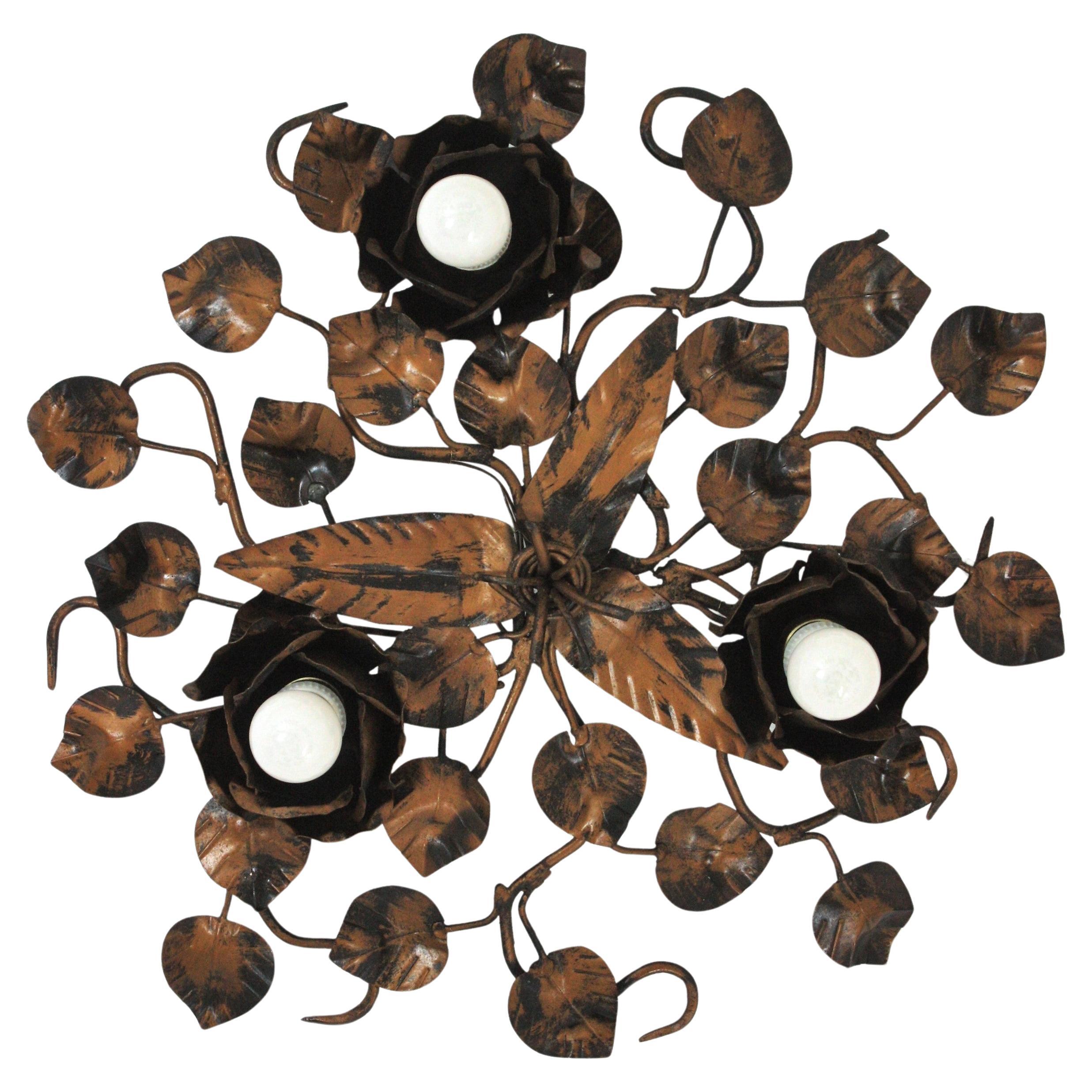 Foliage Floral Flush Mount Ceiling Light Fixture in Bronze Gilt Patinated Iron
