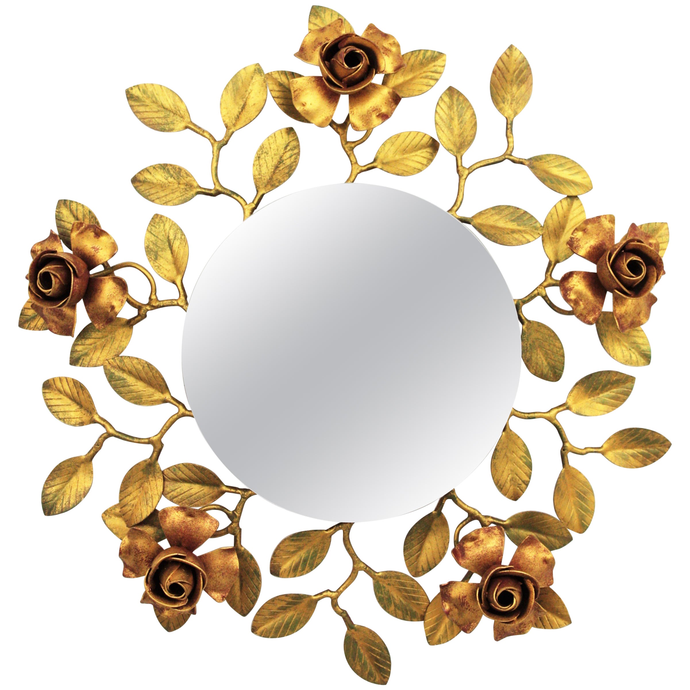Miroir floral en métal doré polychrome, Espagne, années 1950