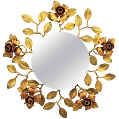 Specchio floreale in metallo dorato policromo, Spagna, anni '50