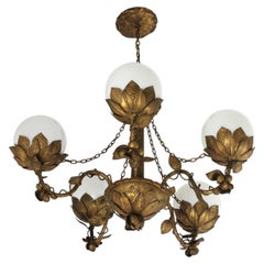 Foliage Floral Opaline Globe Chandelier in Gilt Iron and Milk Glass, 1950s