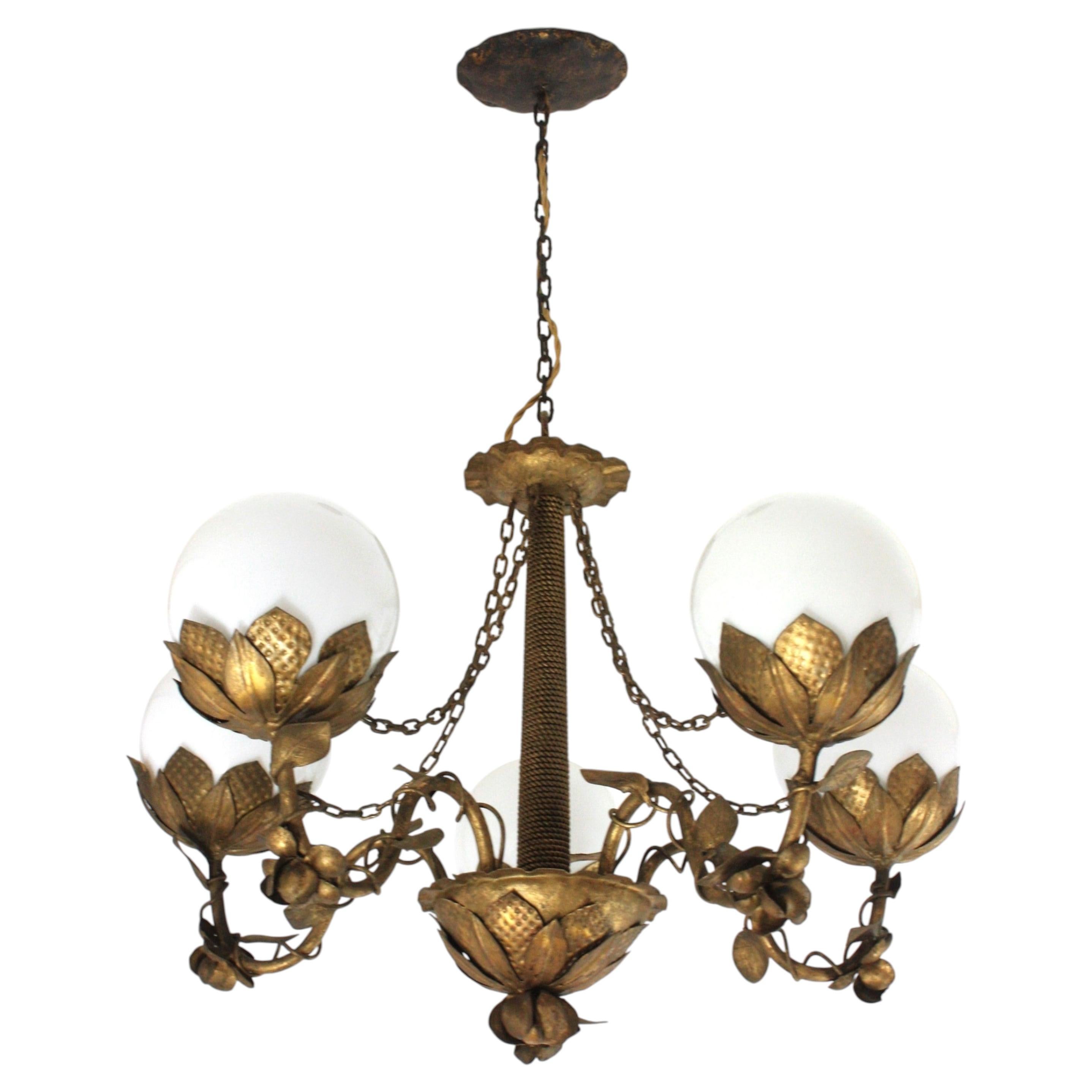 Foliage Floral Opaline Globe Chandelier in Gilt Iron and Milk Glass, 1950s