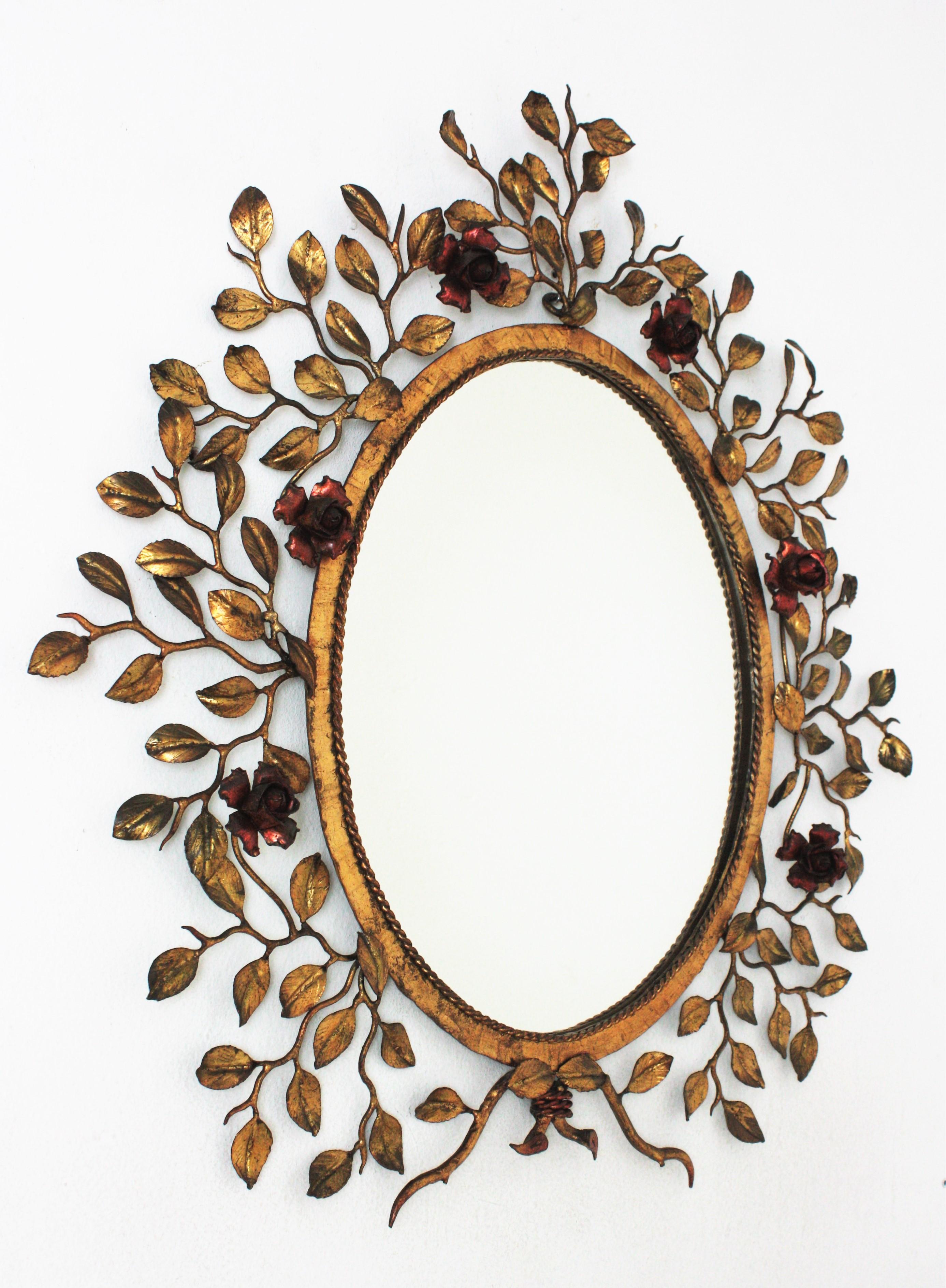 Hollywood Regency Foliage Floral Oval Mirror in Gilt Iron