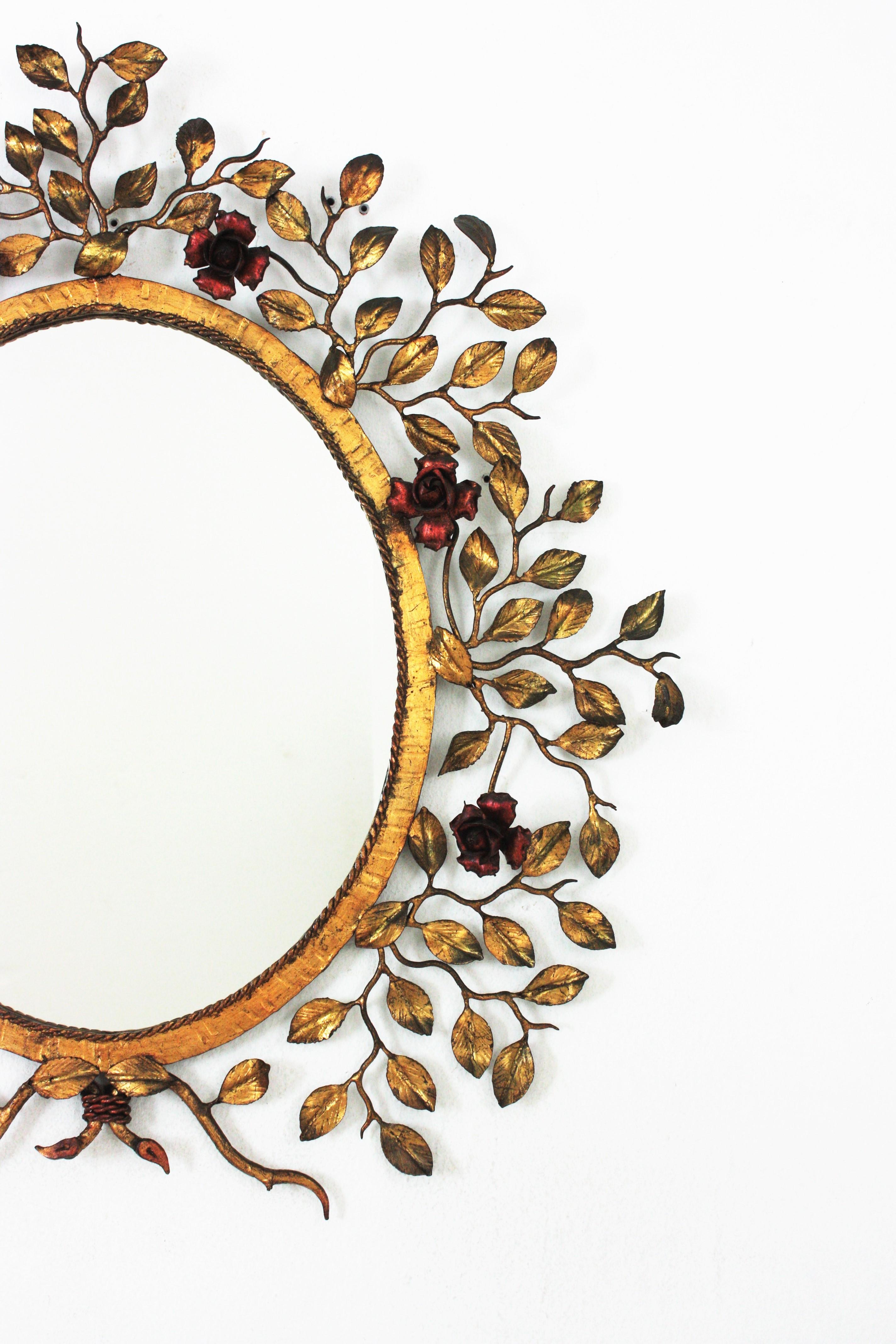 Hand-Crafted Foliage Floral Oval Mirror in Gilt Iron