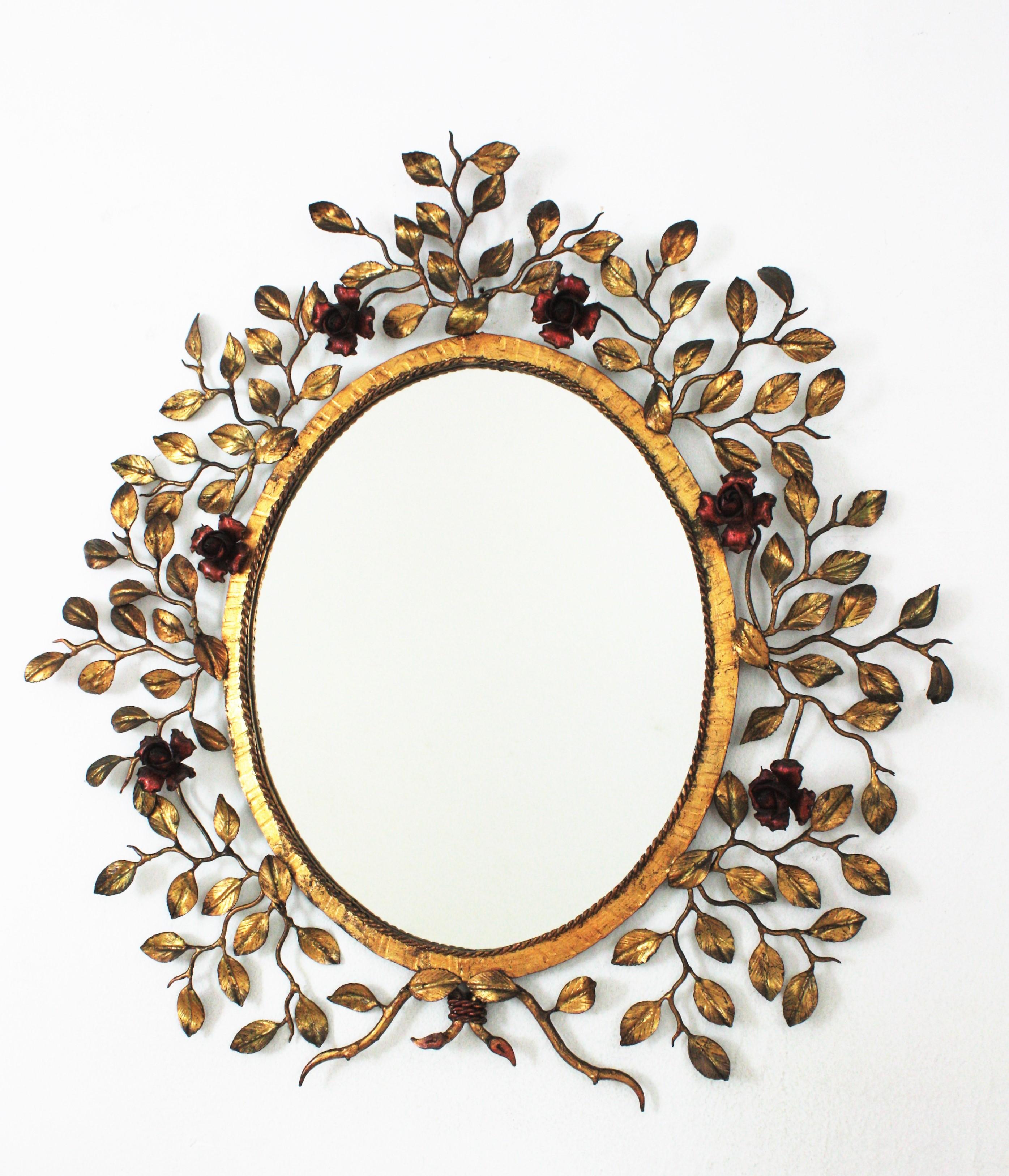 20th Century Foliage Floral Oval Mirror in Gilt Iron