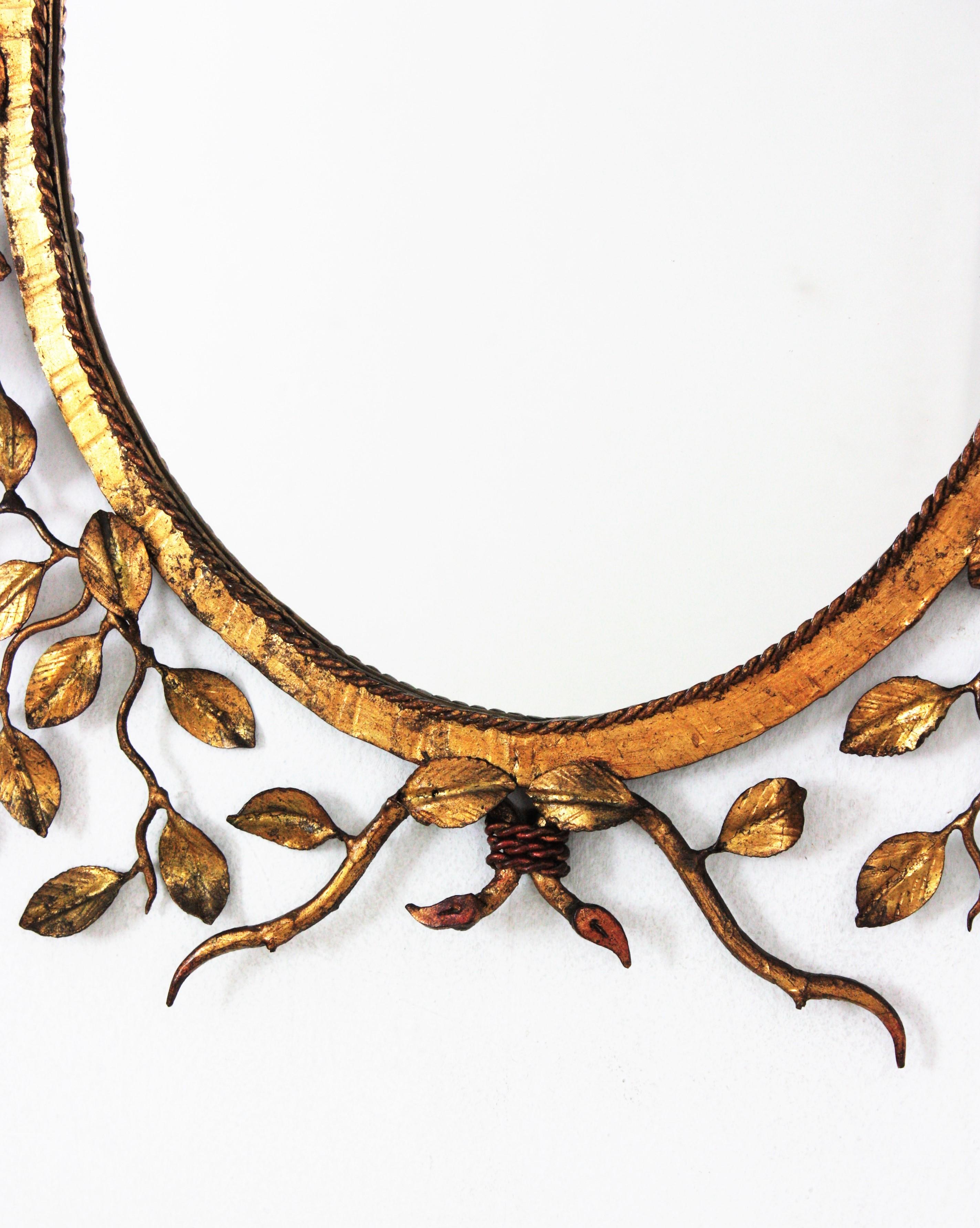 Metal Foliage Floral Oval Mirror in Gilt Iron