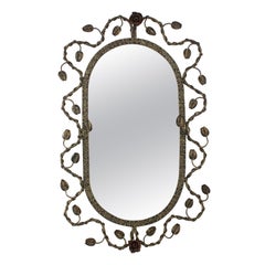 Foliage Floral Oval Mirror in Gilt Wrought Iron, 1950s