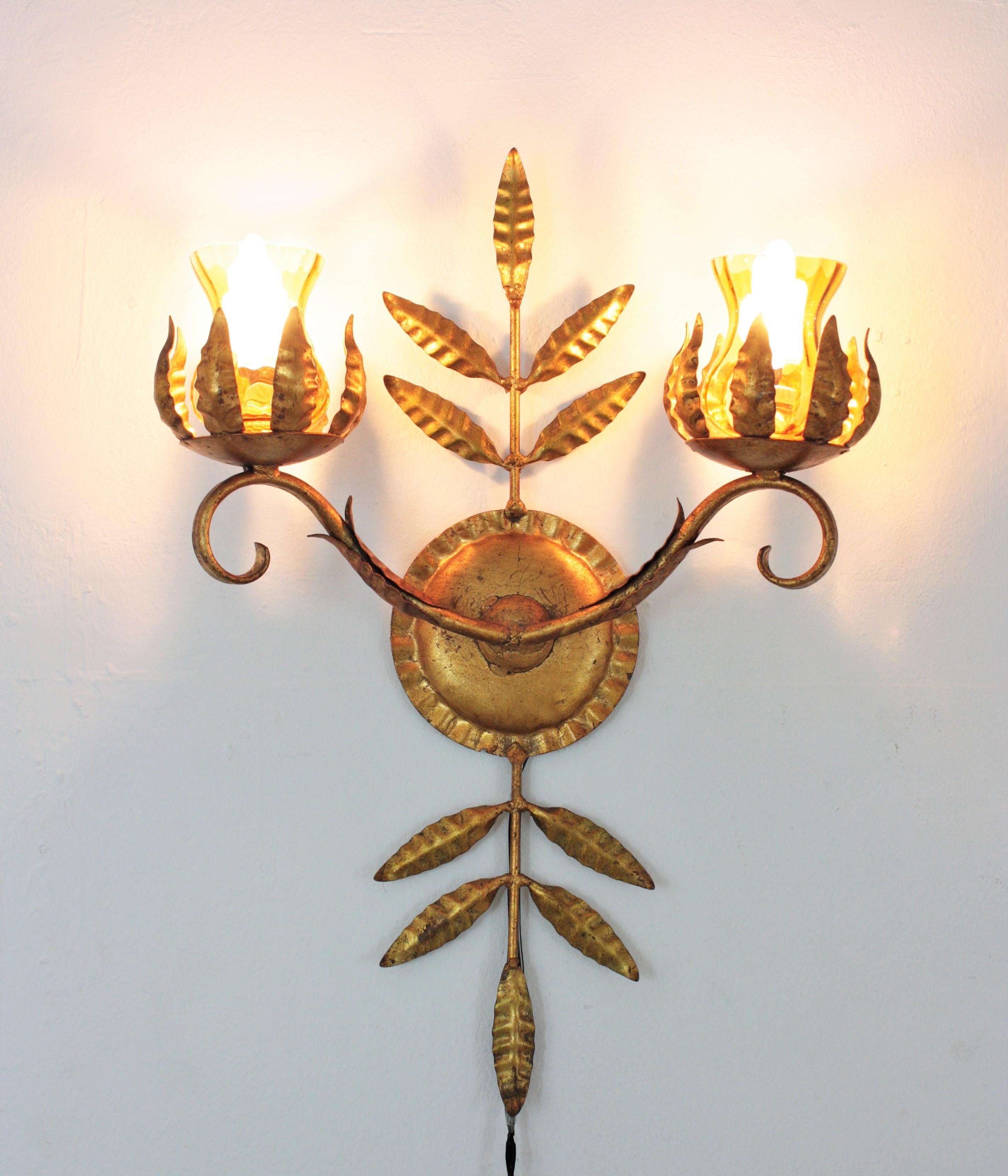Pair of Spanish Wall Sconces in Gilt Iron and Amber Glass For Sale 3