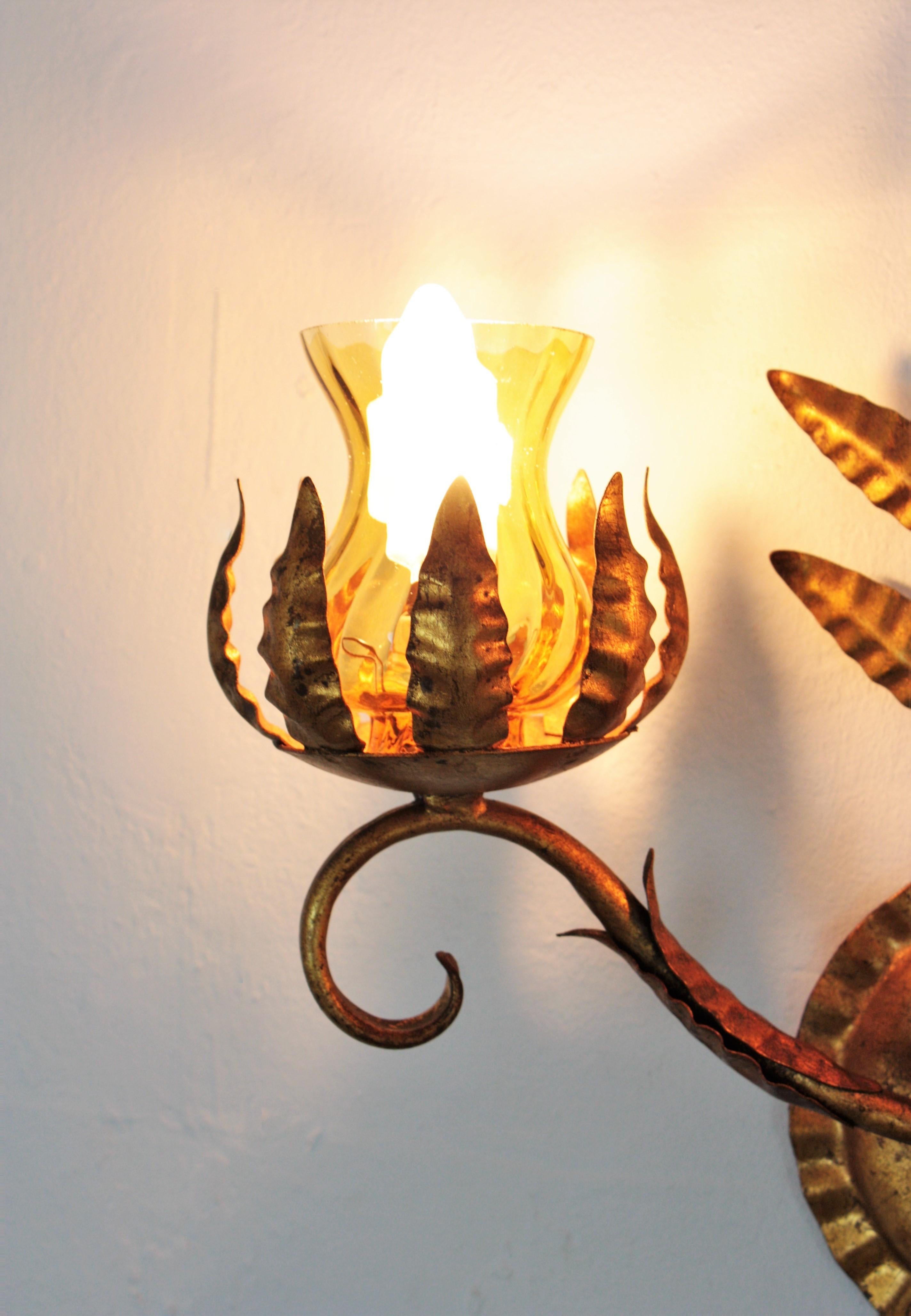 Pair of Spanish Wall Sconces in Gilt Iron and Amber Glass For Sale 5