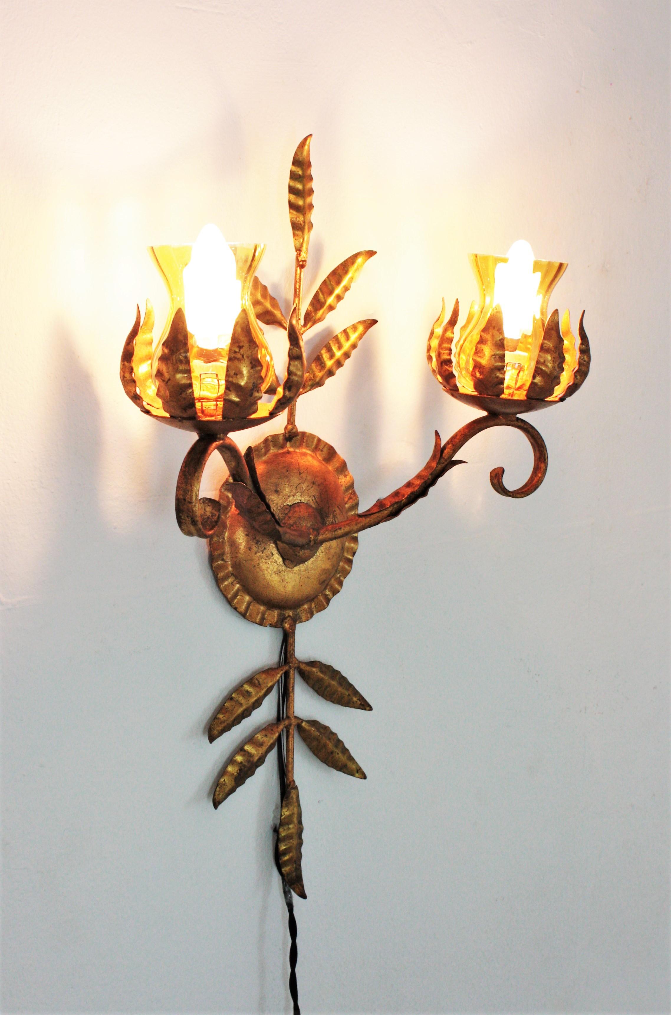 Pair of Spanish Wall Sconces in Gilt Iron and Amber Glass For Sale 7
