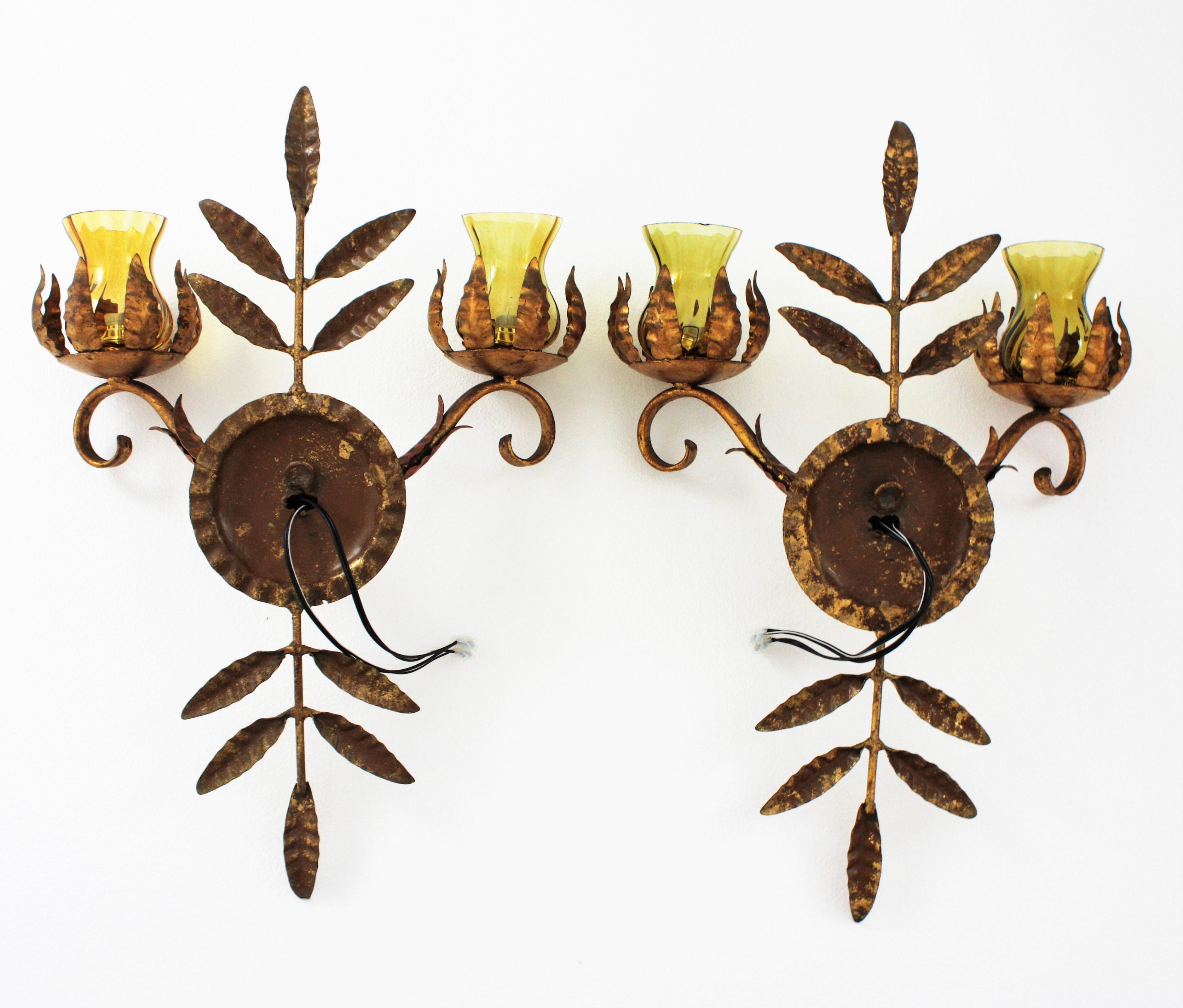 Pair of Spanish Wall Sconces in Gilt Iron and Amber Glass For Sale 10