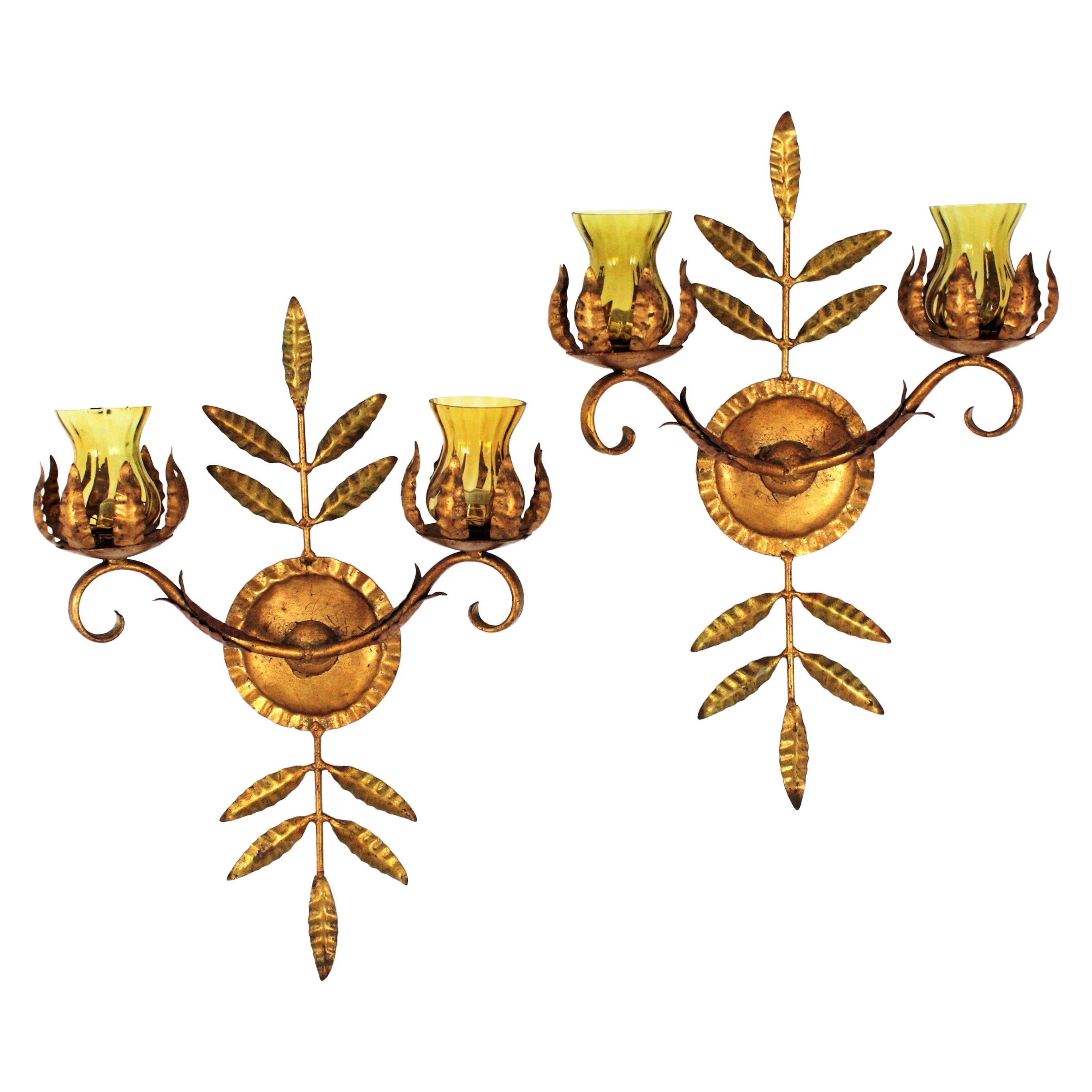 Foliage Gilt Iron Wall Sconces with Amber Glass Shades, 1940s