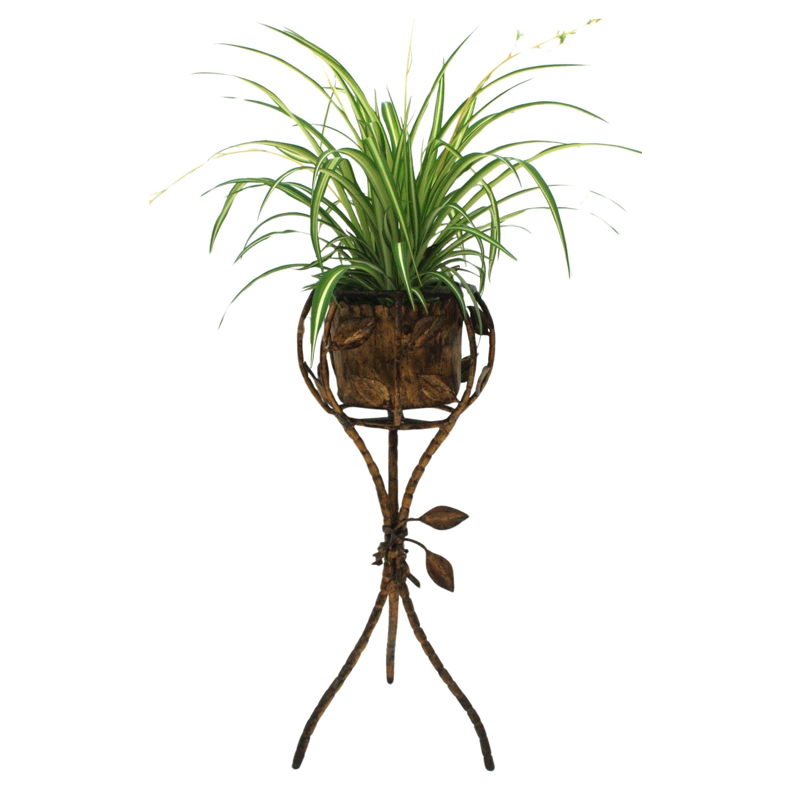 Cubitera / Jardinera para Champán Foliage sobre Soporte, Hierro Dorado Imitación Bambú en Bueno estado para la venta en Barcelona, ES