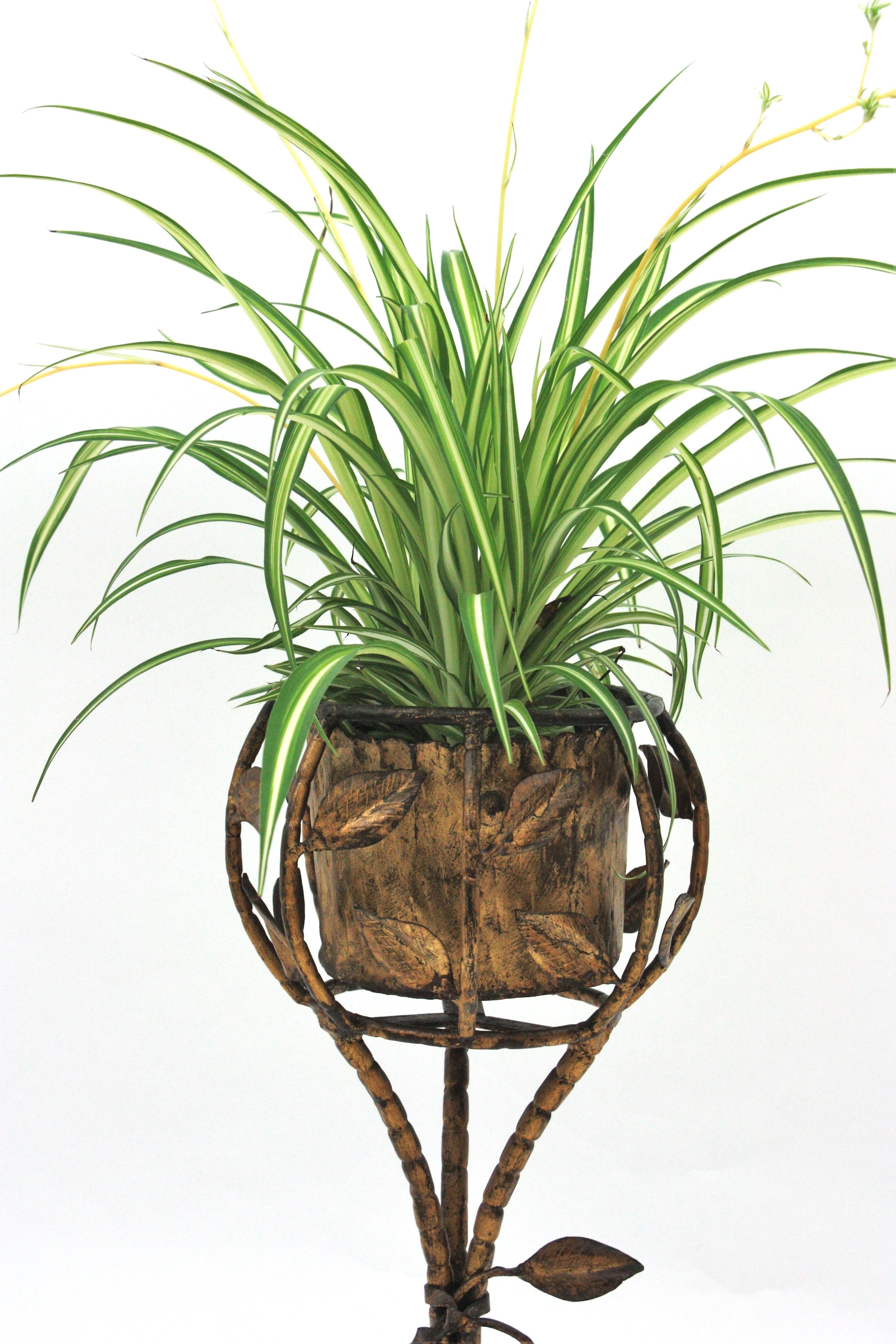 Cubitera / Jardinera para Champán Foliage sobre Soporte, Hierro Dorado Imitación Bambú en venta 1