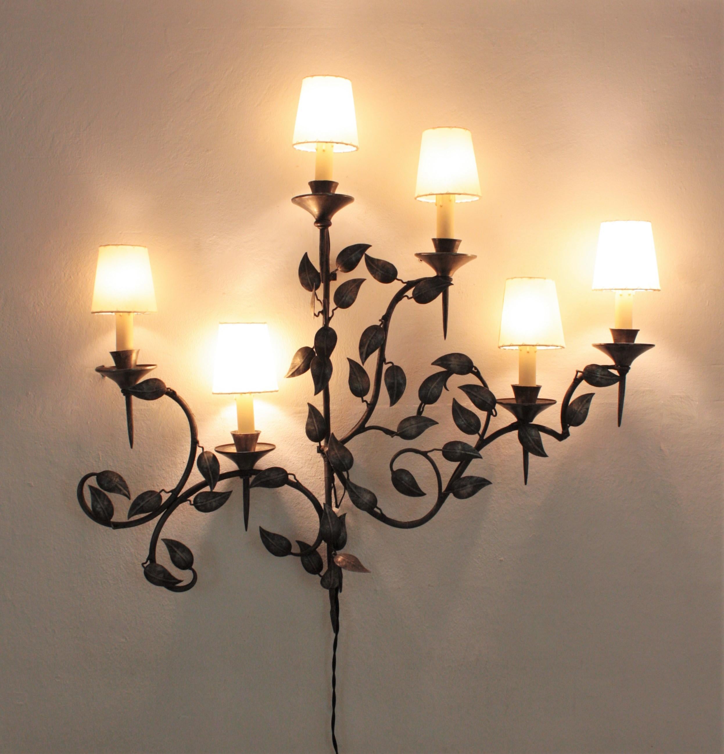 Mid-Century Modern Spanish Large Foliage Torch Wall Sconce in Silver Patinated Metal For Sale