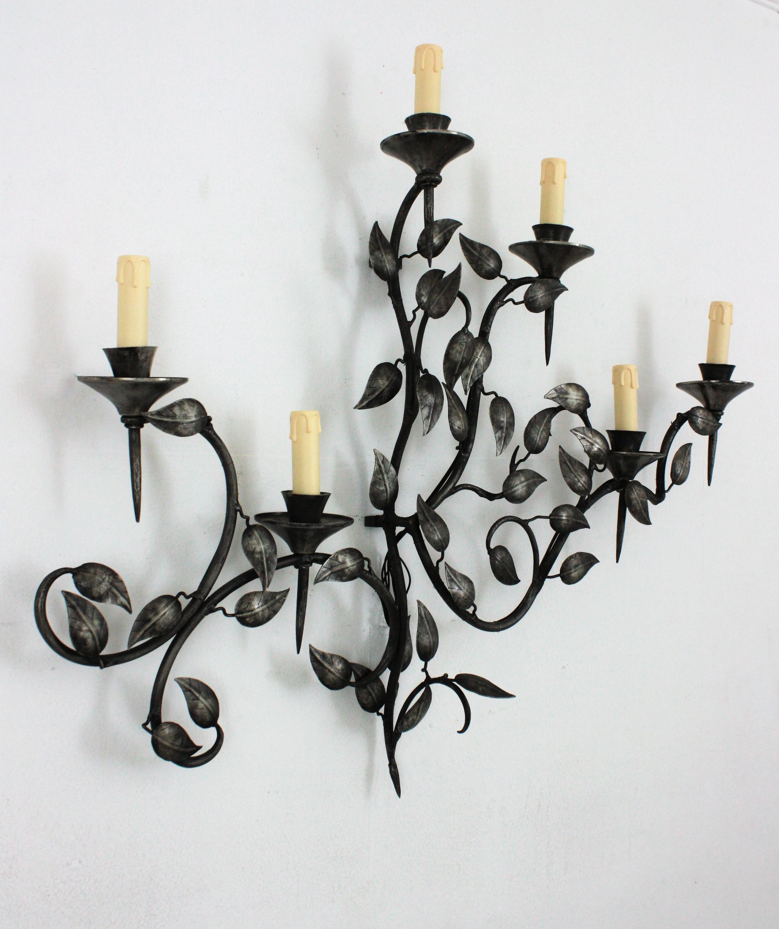 Iron Spanish Large Foliage Torch Wall Sconce in Silver Patinated Metal For Sale