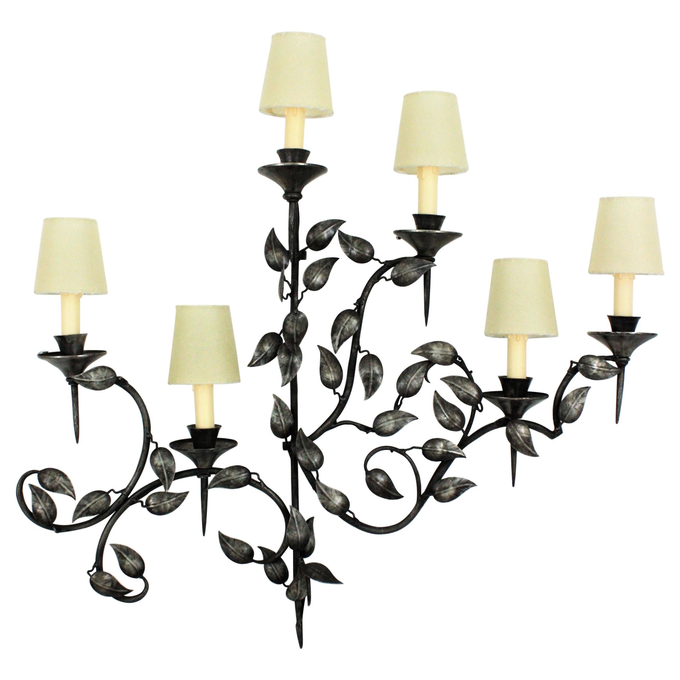 Spanish Large Foliage Torch Wall Sconce in Silver Patinated Metal