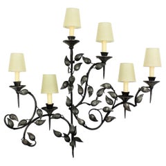 Foliage Large Wall Sconce with Six Torch Lights in Silver Patinated Iron, 1950s