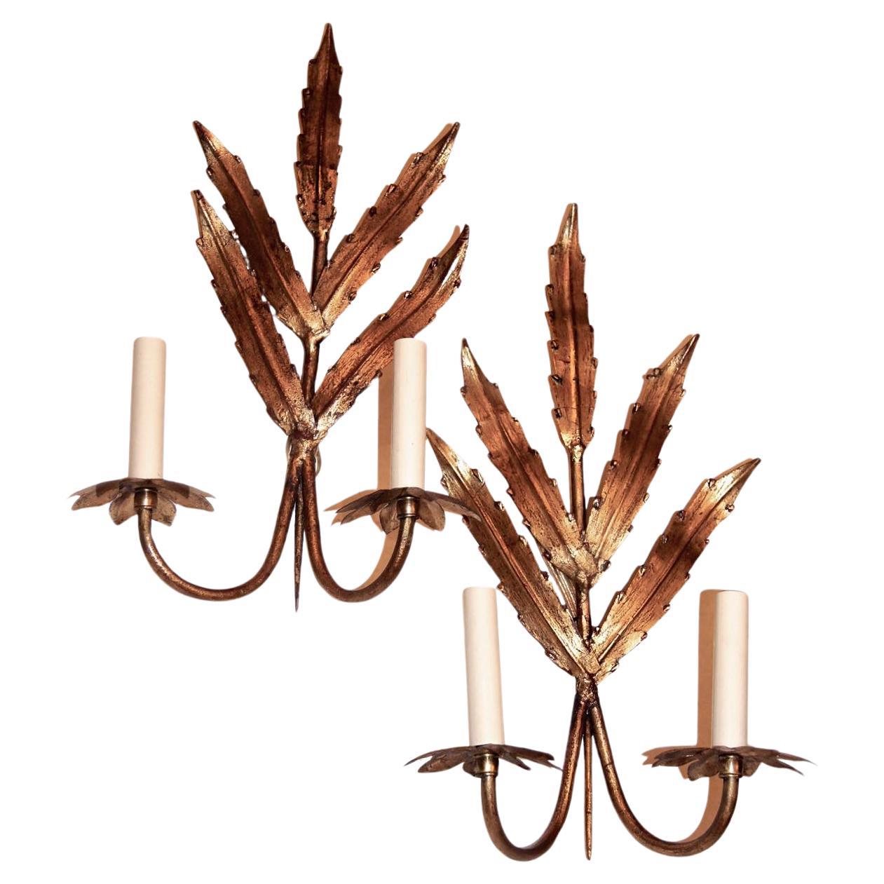 Foliage Motif Gilt Metal Sconces