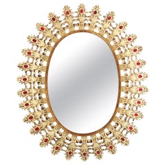 Specchio ovale Foliage, ferro laccato beige e velluto rosso, anni '50
