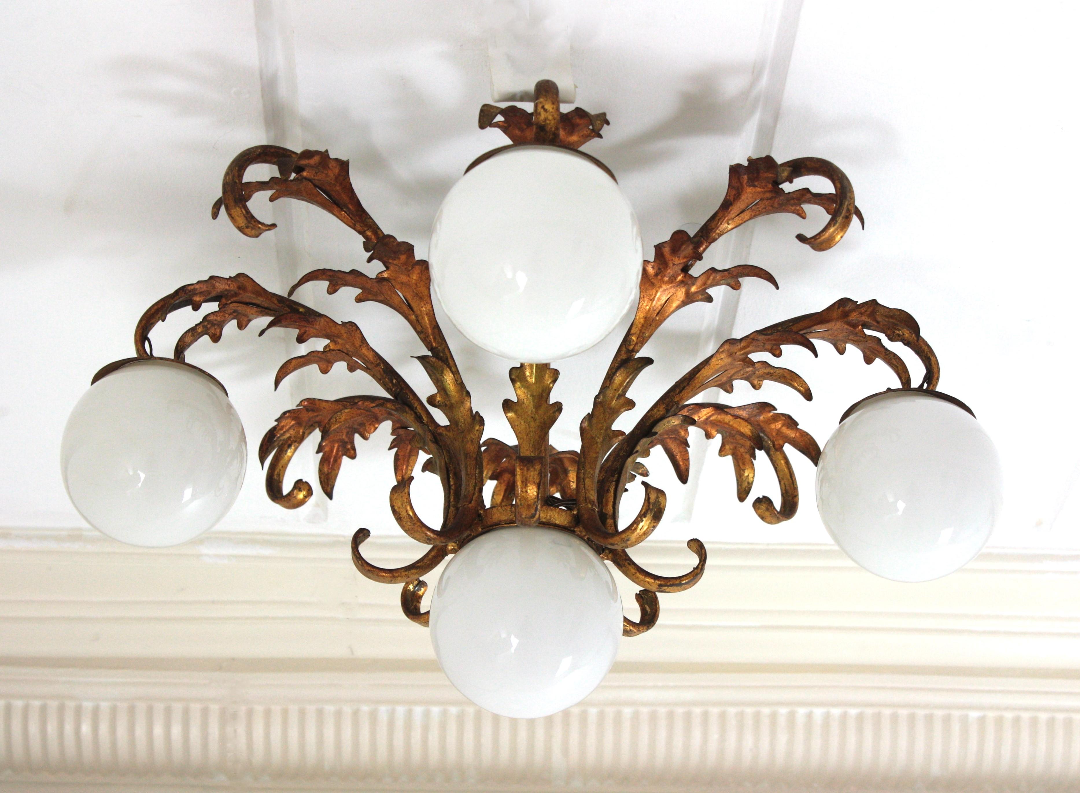 Foliage Starburst Light Fixture / Kronleuchter, vergoldetes Eisen & Opalgläser, 1950 im Angebot 9