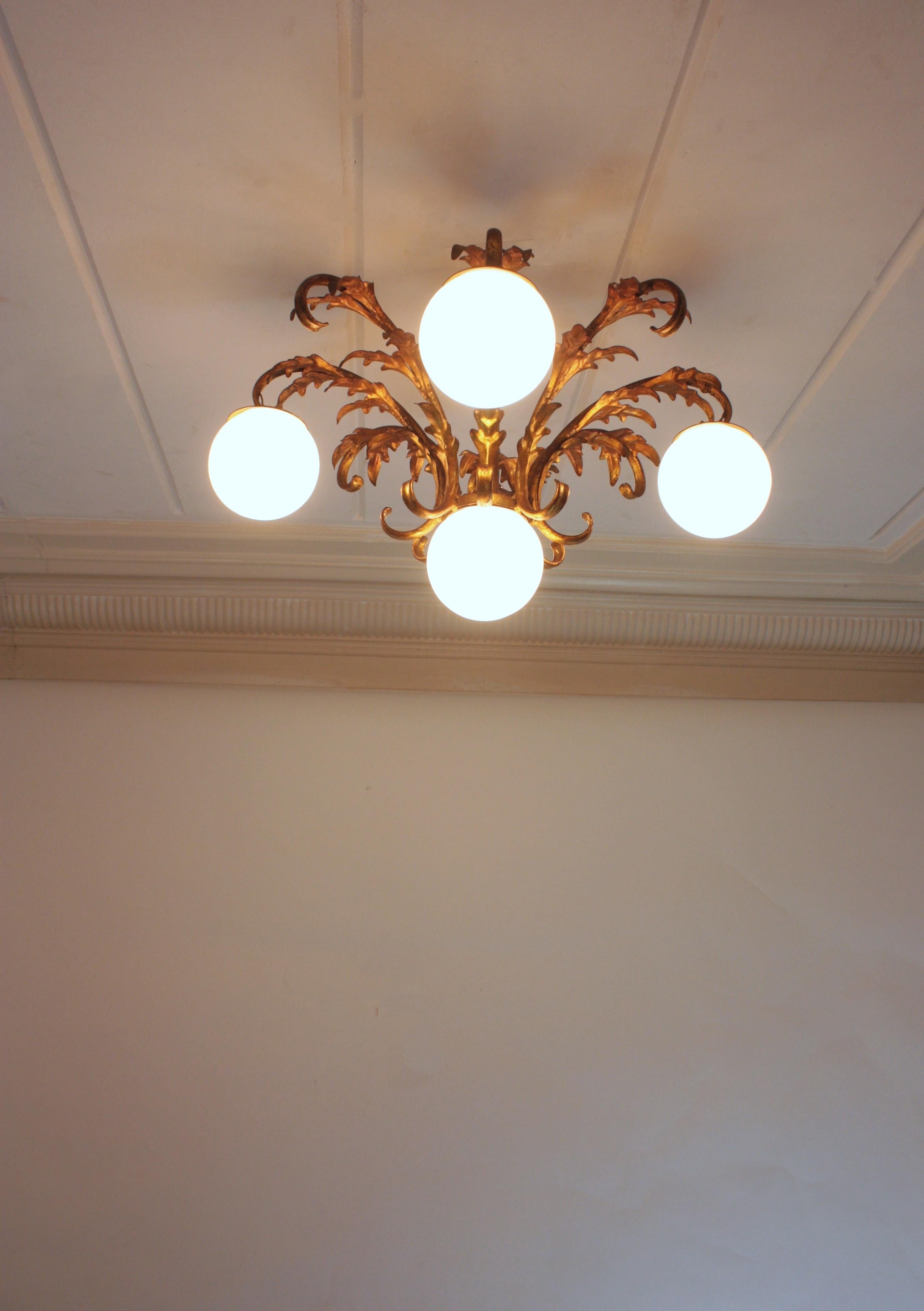 Foliage Starburst Light Fixture / Kronleuchter, vergoldetes Eisen & Opalgläser, 1950 im Angebot 11