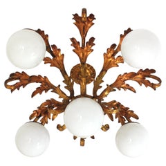 Foliage Starburst Light Fixture / Chandelier, Gilt Iron & Opaline Globes, 1950