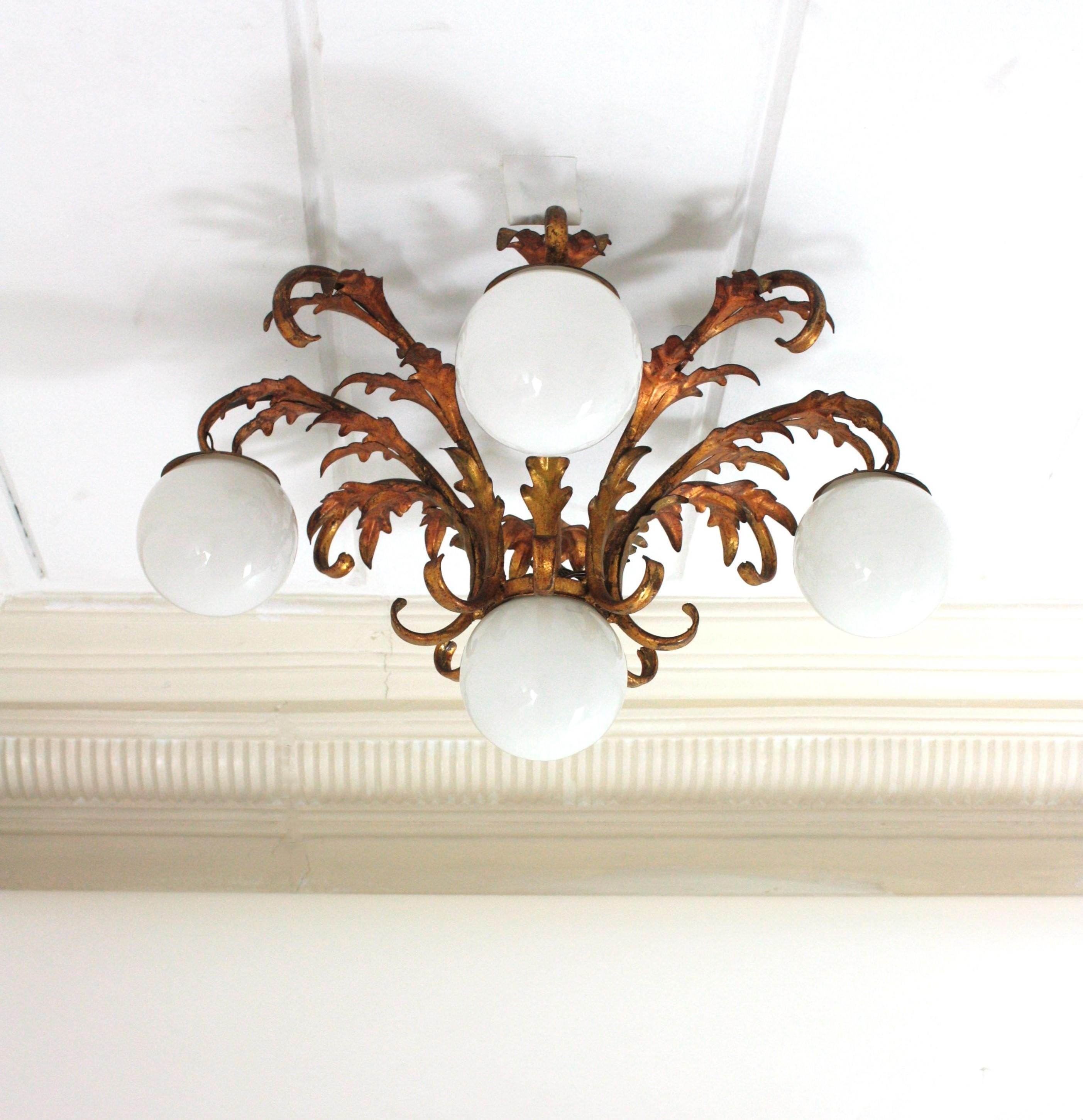 Foliage Starburst Light Fixture / Kronleuchter, vergoldetes Eisen & Opalgläser, 1950 (Moderne der Mitte des Jahrhunderts) im Angebot
