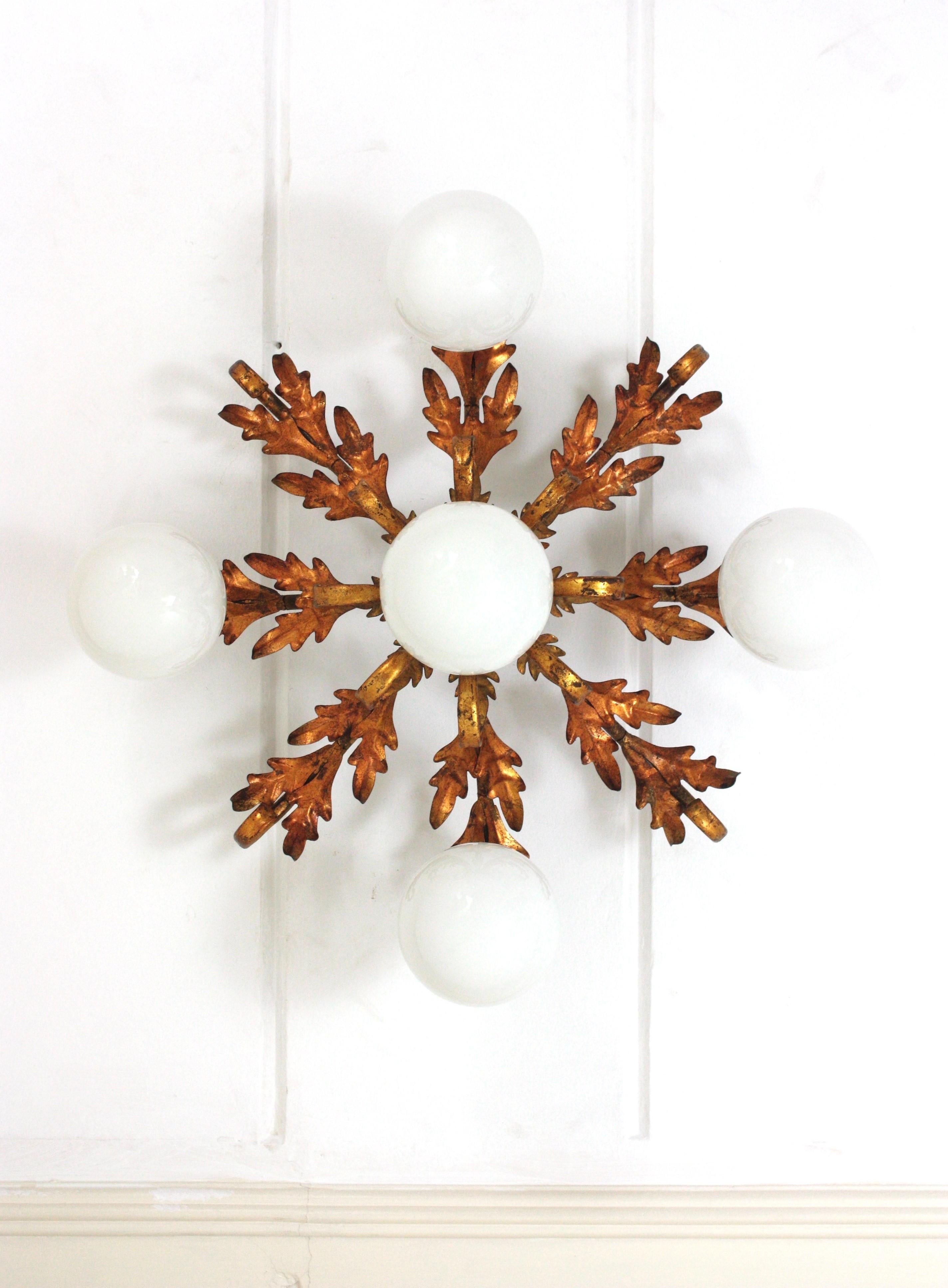 Foliage Starburst Light Fixture / Kronleuchter, vergoldetes Eisen & Opalgläser, 1950 (Metall) im Angebot