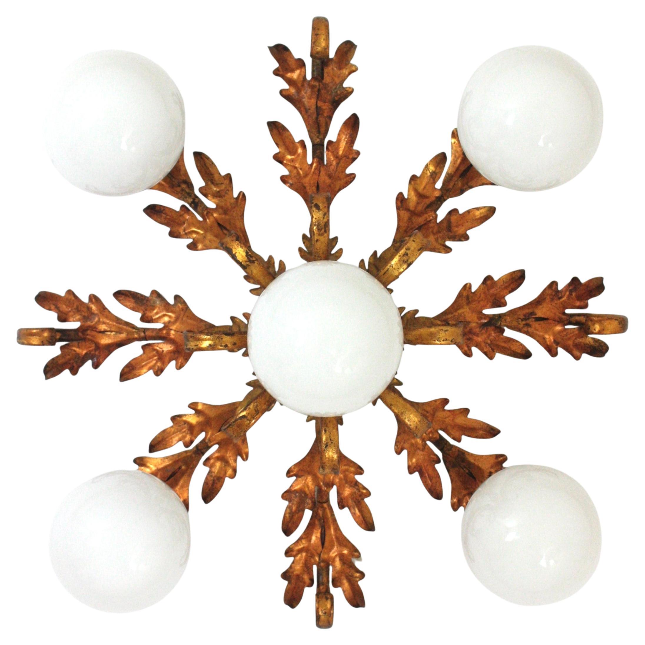 Foliage Starburst Light Fixture / Kronleuchter, vergoldetes Eisen & Opalgläser, 1950 im Angebot