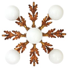 Foliage Starburst Light Fixture / Kronleuchter, vergoldetes Eisen & Opalgläser, 1950