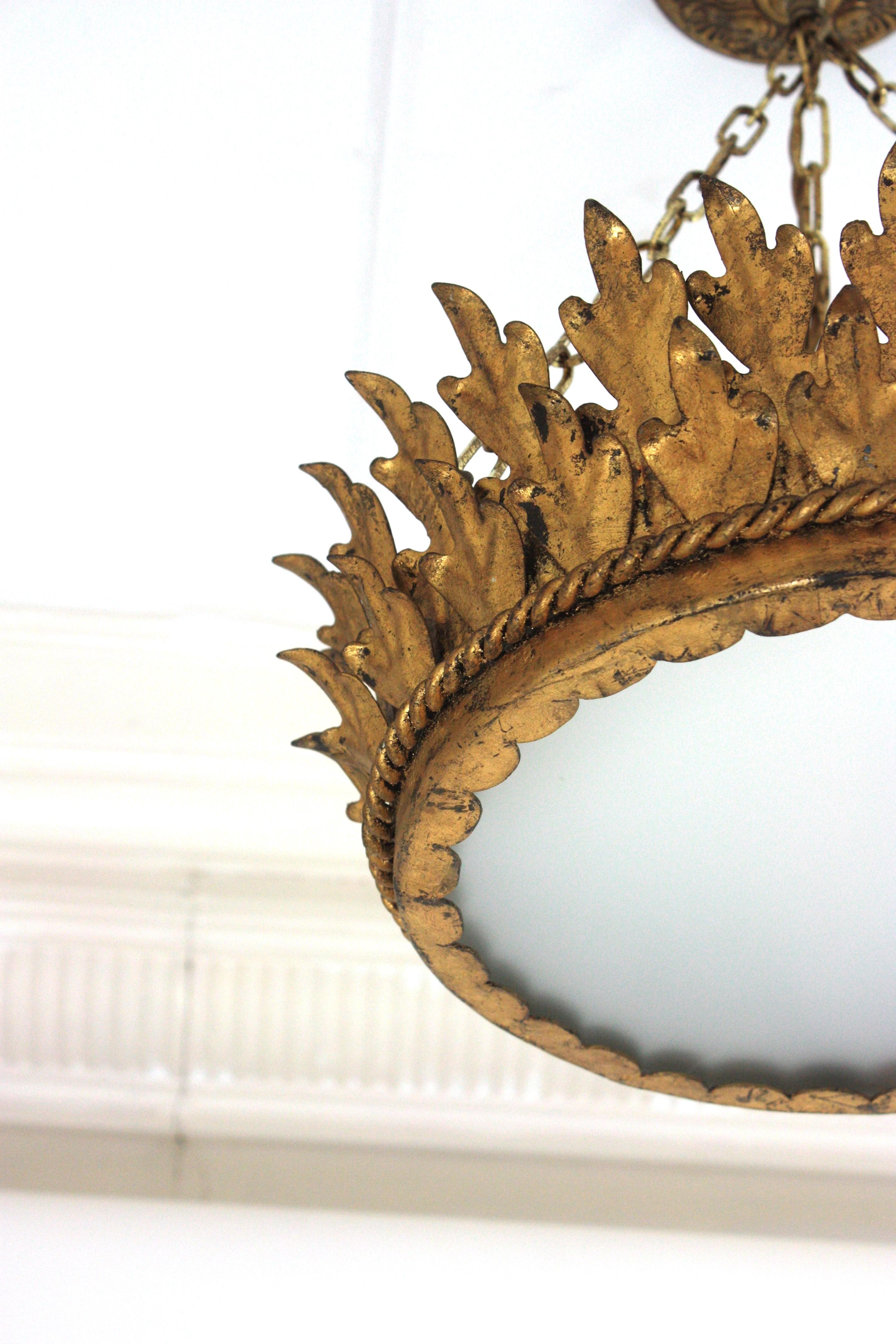 Foliage Sunburst Crown Ceiling Light Fixture / Chandelier, Neoclassical, 1940 For Sale 3