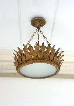 Foliage Sunburst Crown Ceiling Light Fixture / Chandelier, Neoclassical, 1940