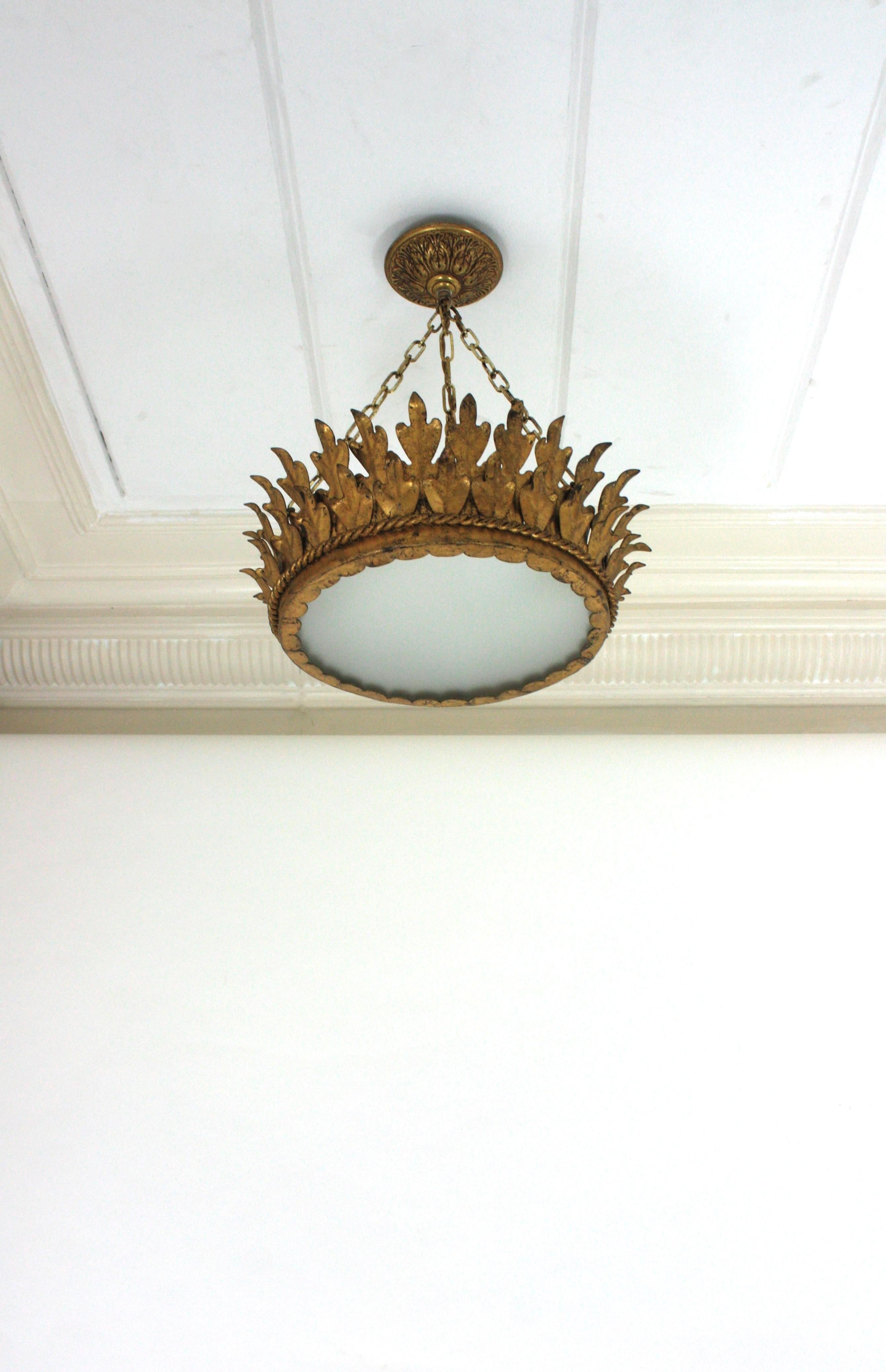 Spanish Foliage Sunburst Crown Ceiling Light Fixture / Chandelier, Neoclassical, 1940 For Sale