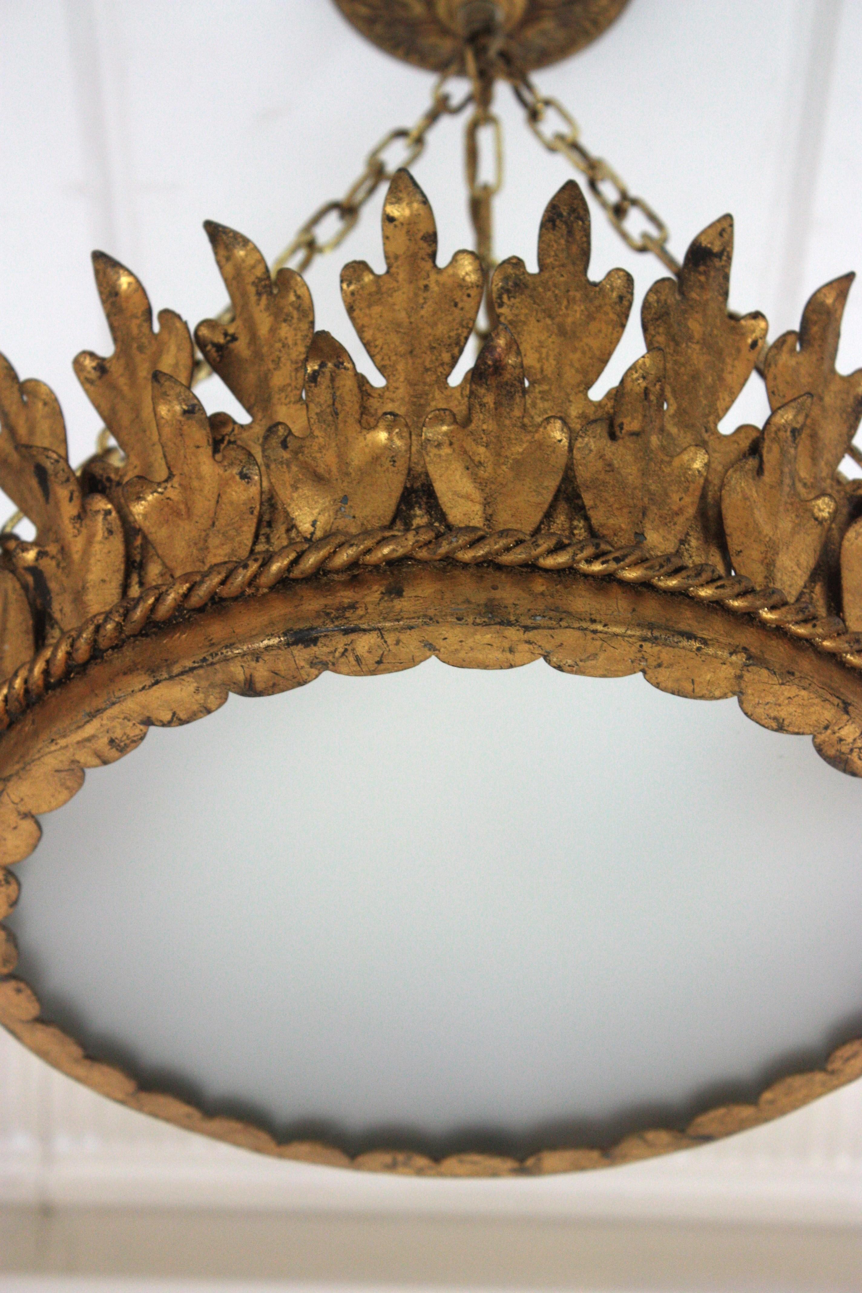 Gilt Foliage Sunburst Crown Ceiling Light Fixture / Chandelier, Neoclassical, 1940 For Sale
