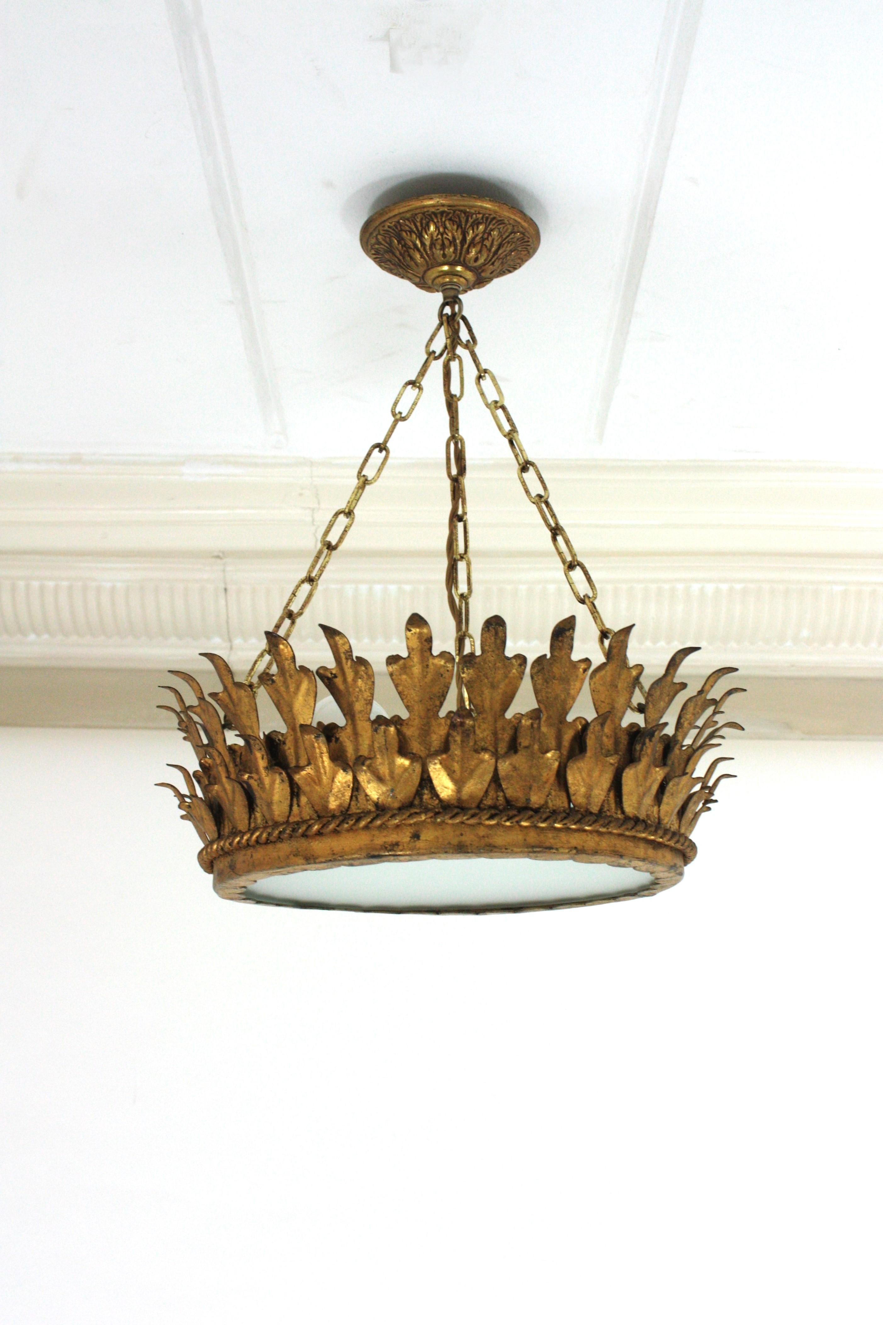 20th Century Foliage Sunburst Crown Ceiling Light Fixture / Chandelier, Neoclassical, 1940 For Sale