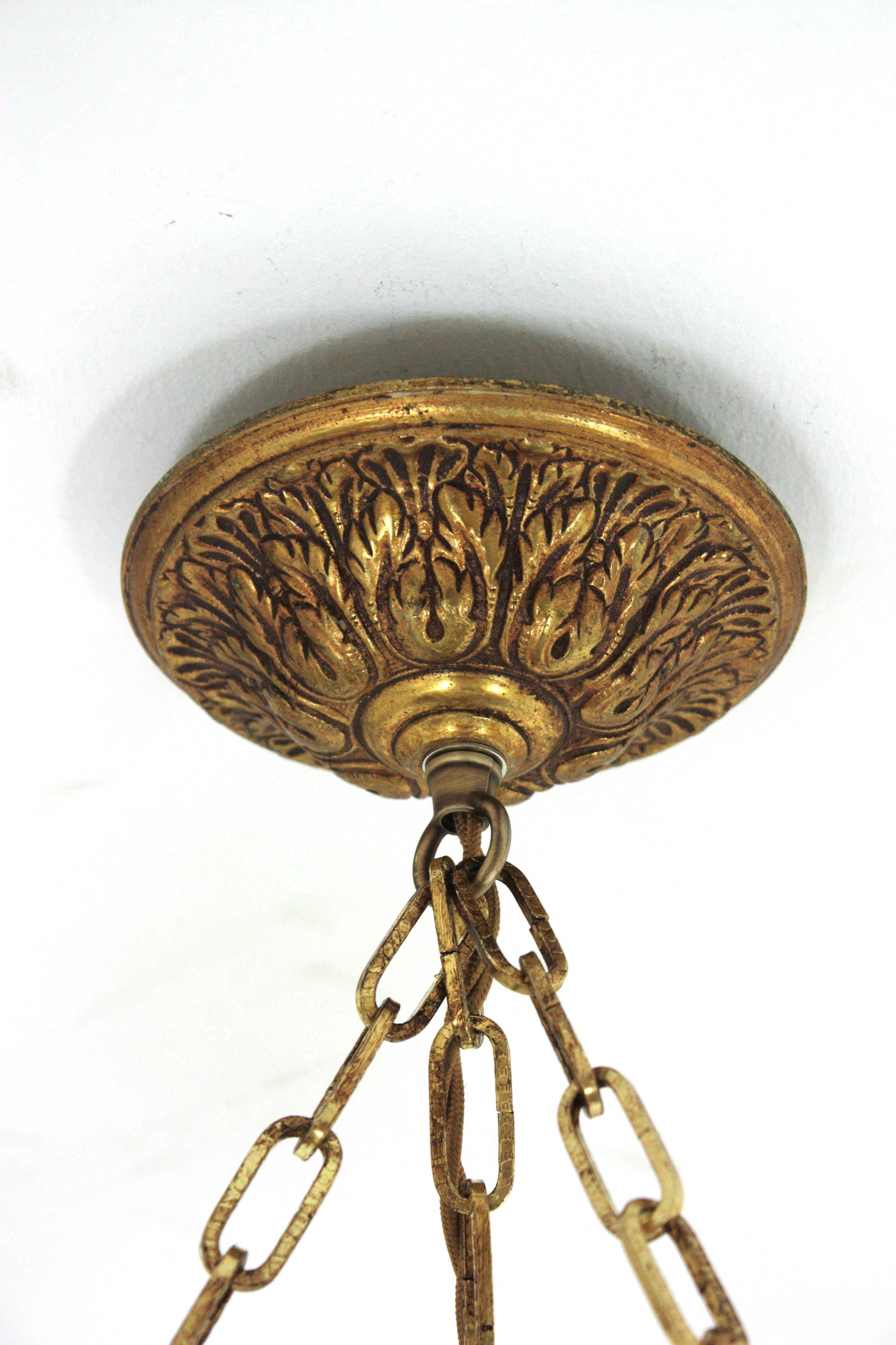 Glass Foliage Sunburst Crown Ceiling Light Fixture / Chandelier, Neoclassical, 1940 For Sale
