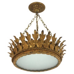 Vintage Foliage Sunburst Crown Ceiling Light Fixture / Chandelier, Neoclassical, 1940