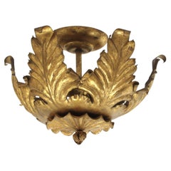 Foliage Sunburst Flush Mount Ceiling Light Fixture or Pendant in Gilt Iron Foliage Sunburst Flush Mount Ceiling Light Fixture or Pendant in Gilt Iron