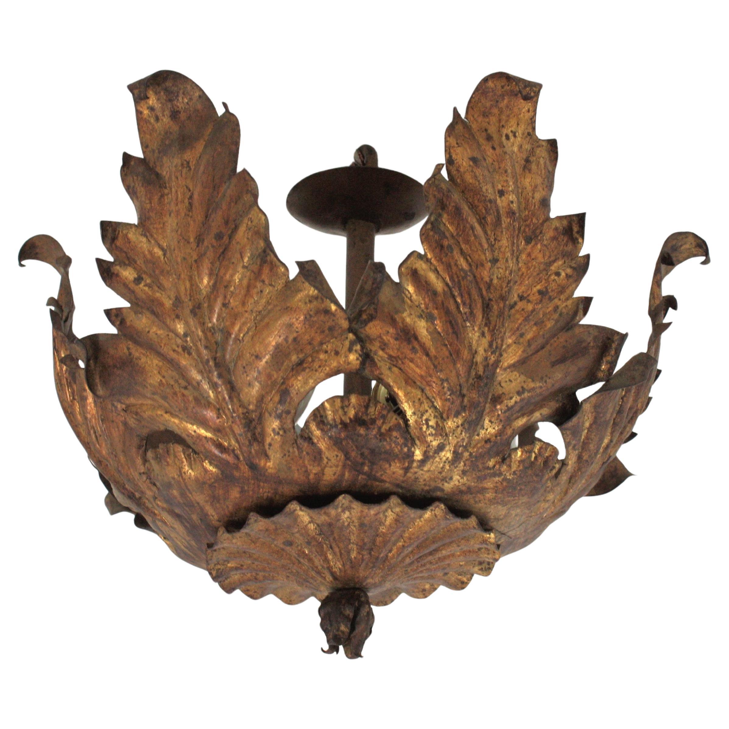 Foliage Sunburst Flush Mount Light Fixture or Pendant in Gilt Iron, 1940s
