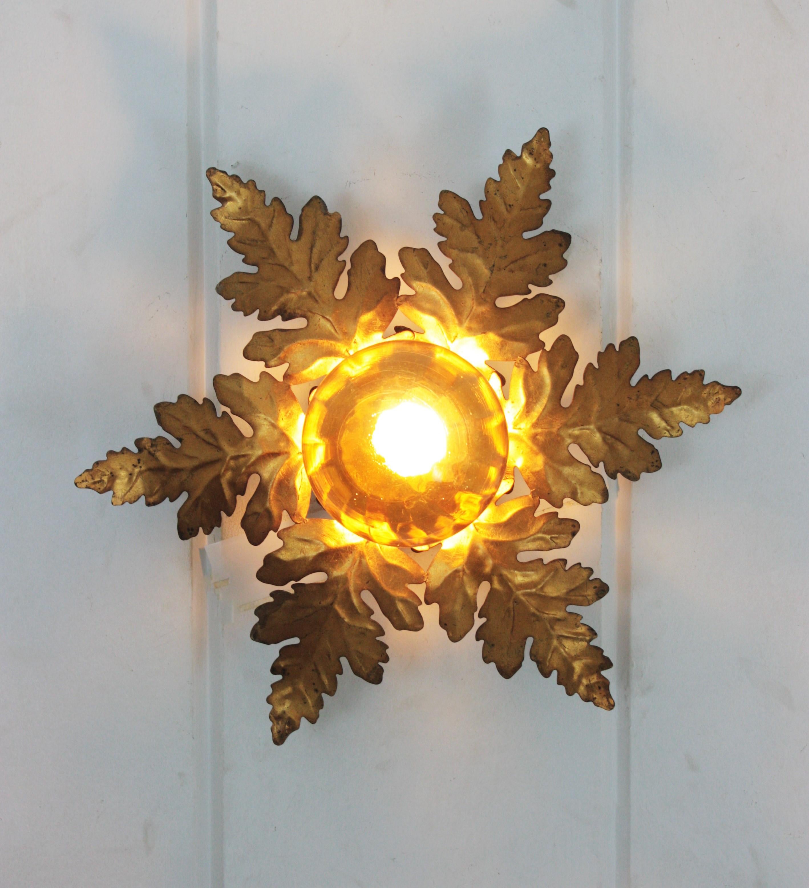 Foliage Sunburst Light Fixture in Gilt Iron with Amber Glass Globe 3