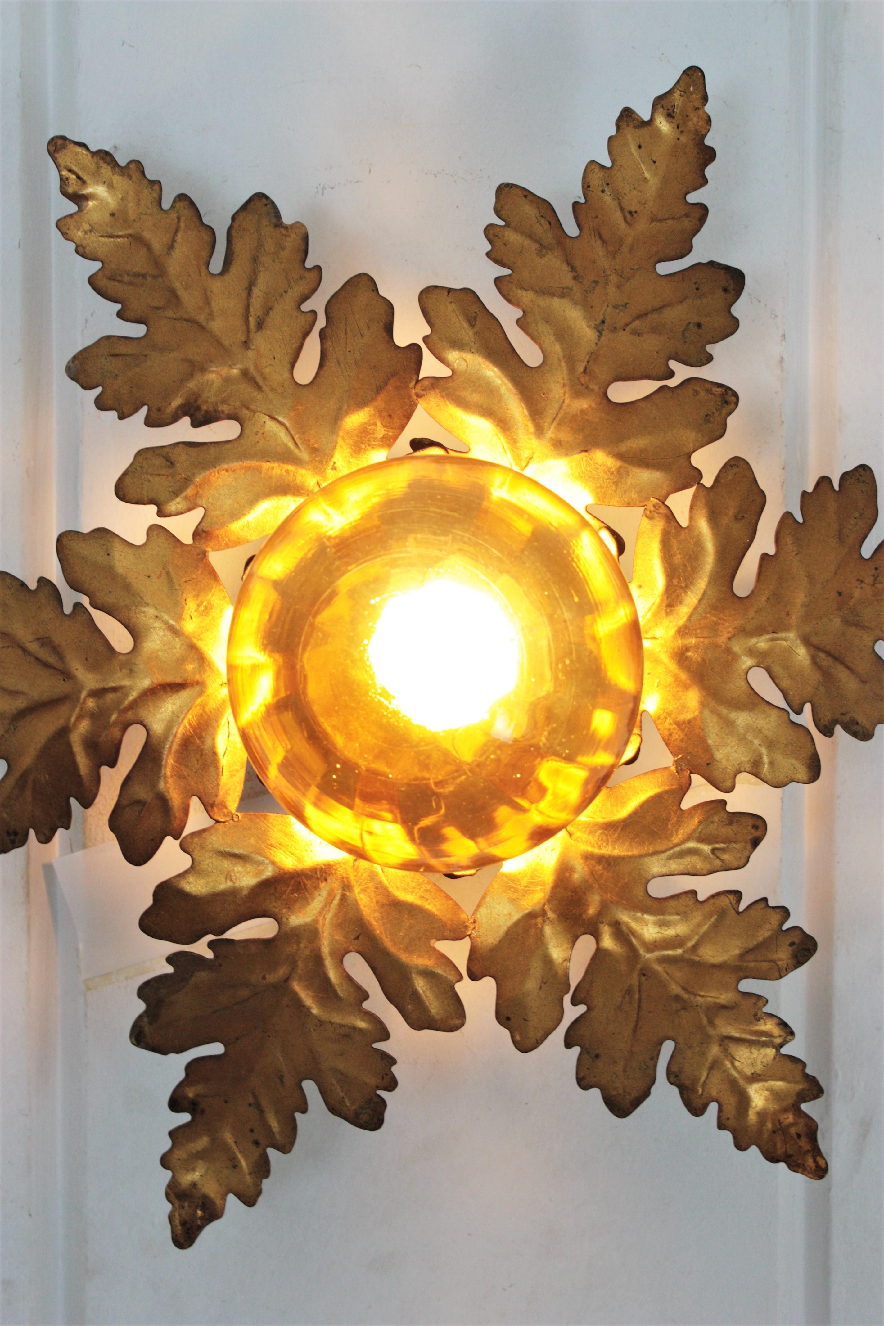 Foliage Sunburst Light Fixture in Gilt Iron with Amber Glass Globe 5
