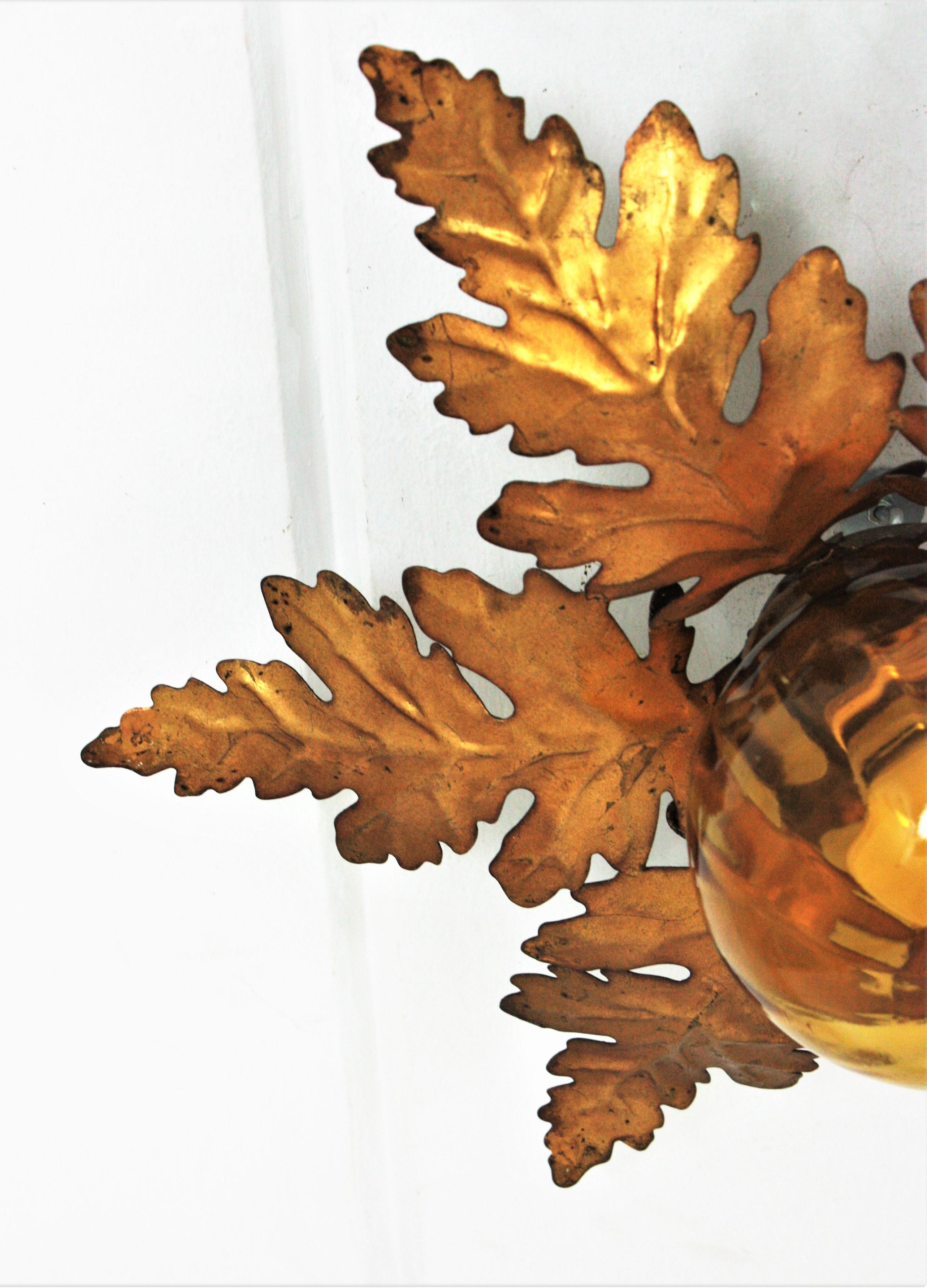 Foliage Sunburst Light Fixture in Gilt Iron with Amber Glass Globe 7