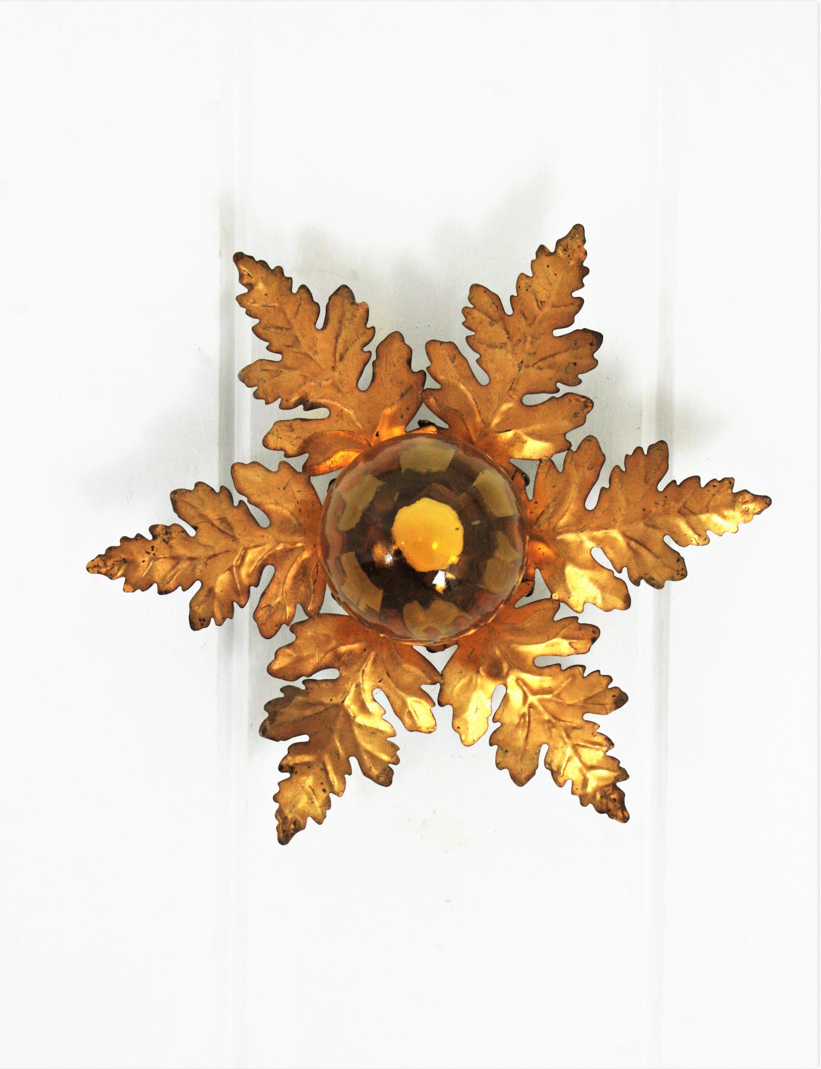 Foliage Sunburst Light Fixture in Gilt Iron with Amber Glass Globe 1