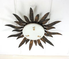 Foliage Sunburst Light Fixture in Gilt Iron with Milk Glass Globe, Spain 1950's