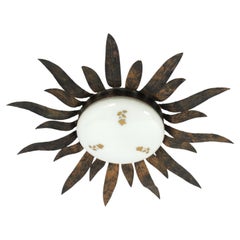 Foliage Sunburst Light Fixture in Gilt Iron with Milk Glass Globe, Spain 1950's