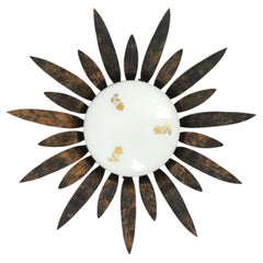 Foliage Sunburst Light Fixture in Gilt Iron with Milk Glass Globe, Spain 1950's